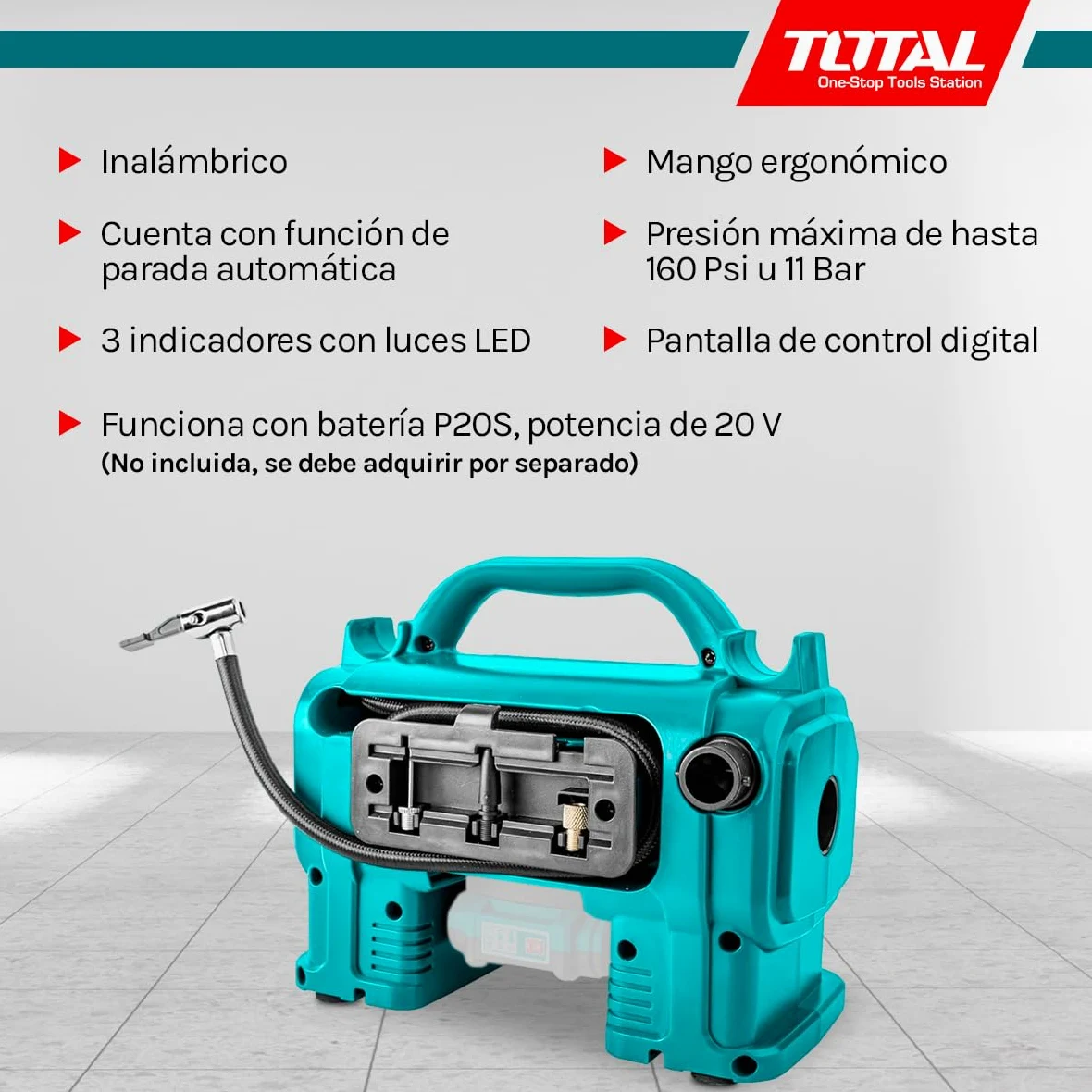 TOTAL - Compresor Híbrido a Batería P20S de 20 V - Bomba de Aire Eléctrica para Inflar Balones, Colchones y Neumáticos - Cargador de 12 V para Coche - Incluye Adaptadores