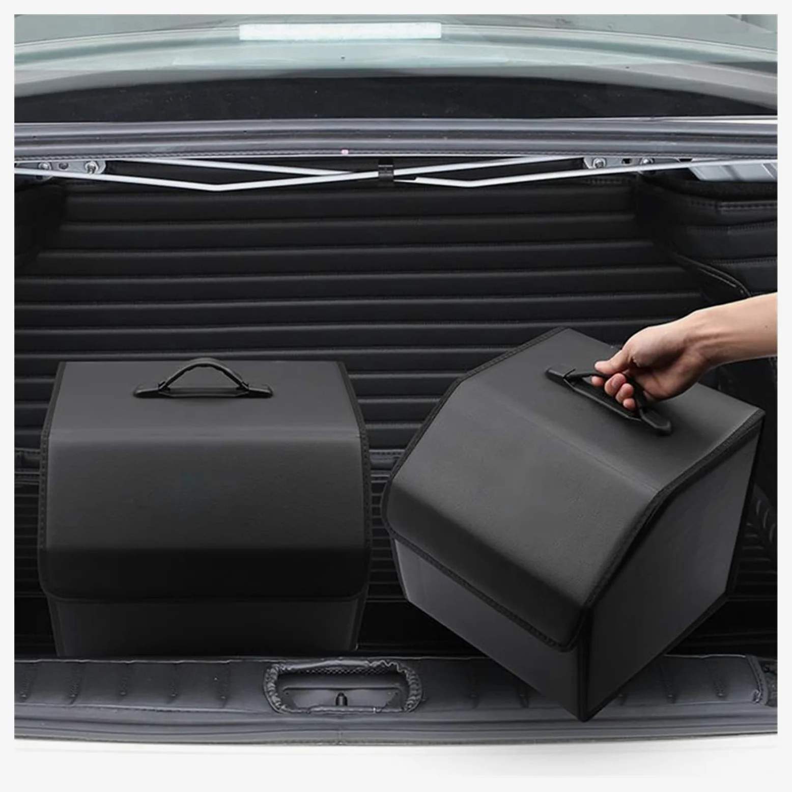 Organizador de Maletero de Coche de Cuero Premium con Asas - Caja de Almacenamiento Plegable Grande for SUV y sedanes - Organizador Multiusos for Accesorios y Herramientas de Coche (Negro)(40CM)