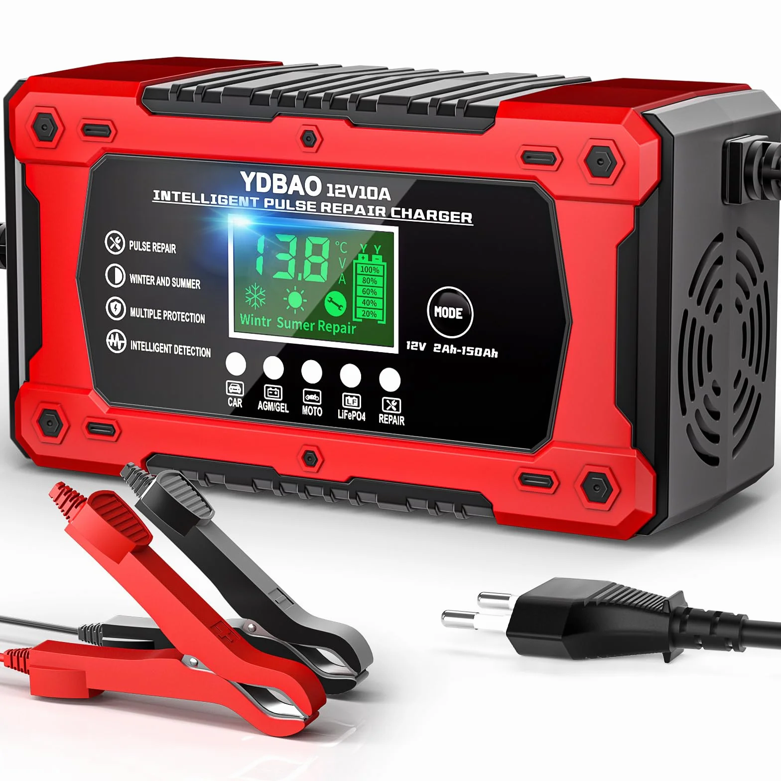 YDBAO Cargador de Batería de Coche 12V 10A Cargador Baterias Coche y Moto Inteligente con Reparación y Múltiples Protecciones y Pantalla LCD Cargador bateria para Auto,Moto, Camión, AGM, Gel,SLA