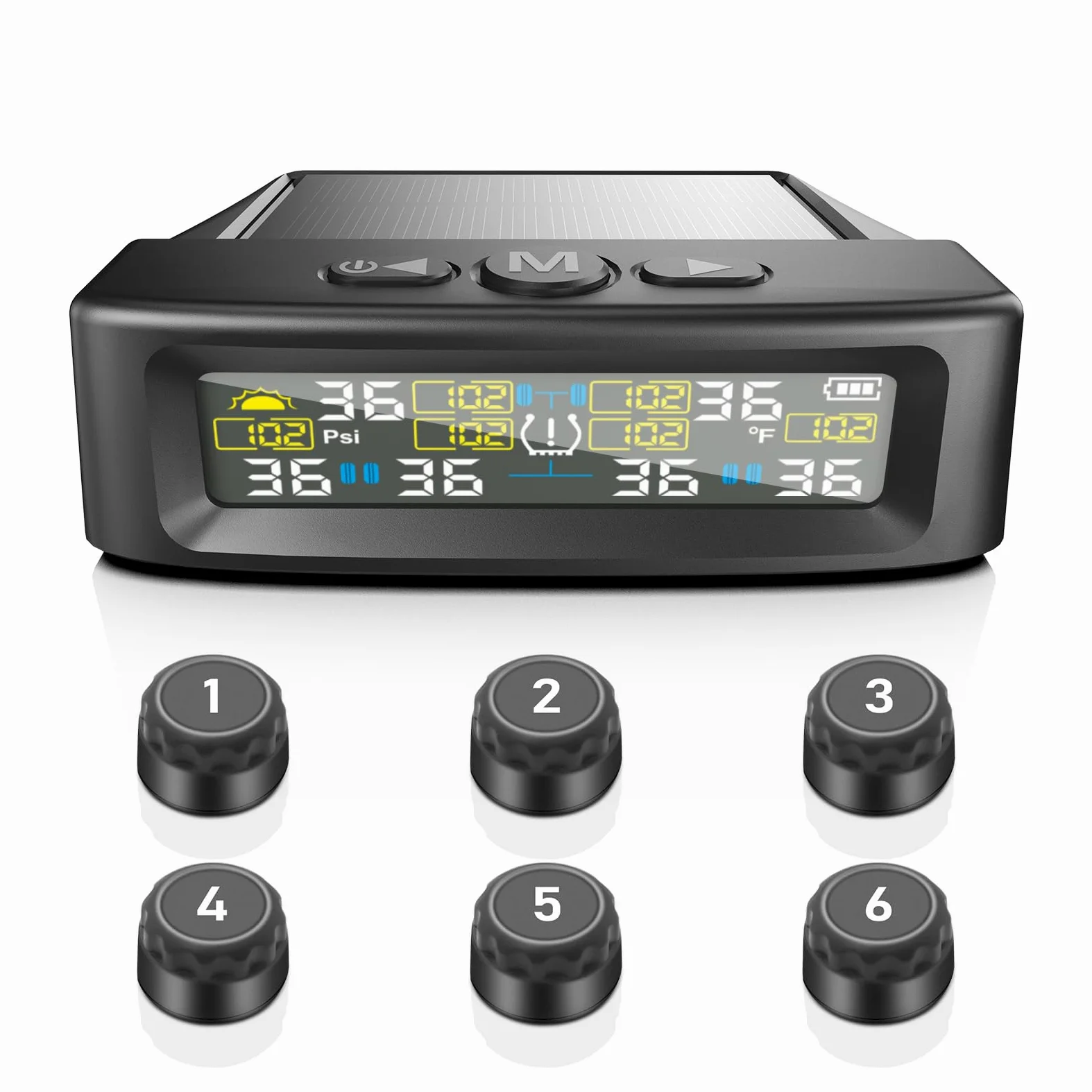 Sistema de control de presión de neumáticos KAOLALI compatible con 6 ruedas, con monitor de presión de neumáticos con pantalla digital, 9,9 bares/144 PSI máx., carga solar y USB, para camiones