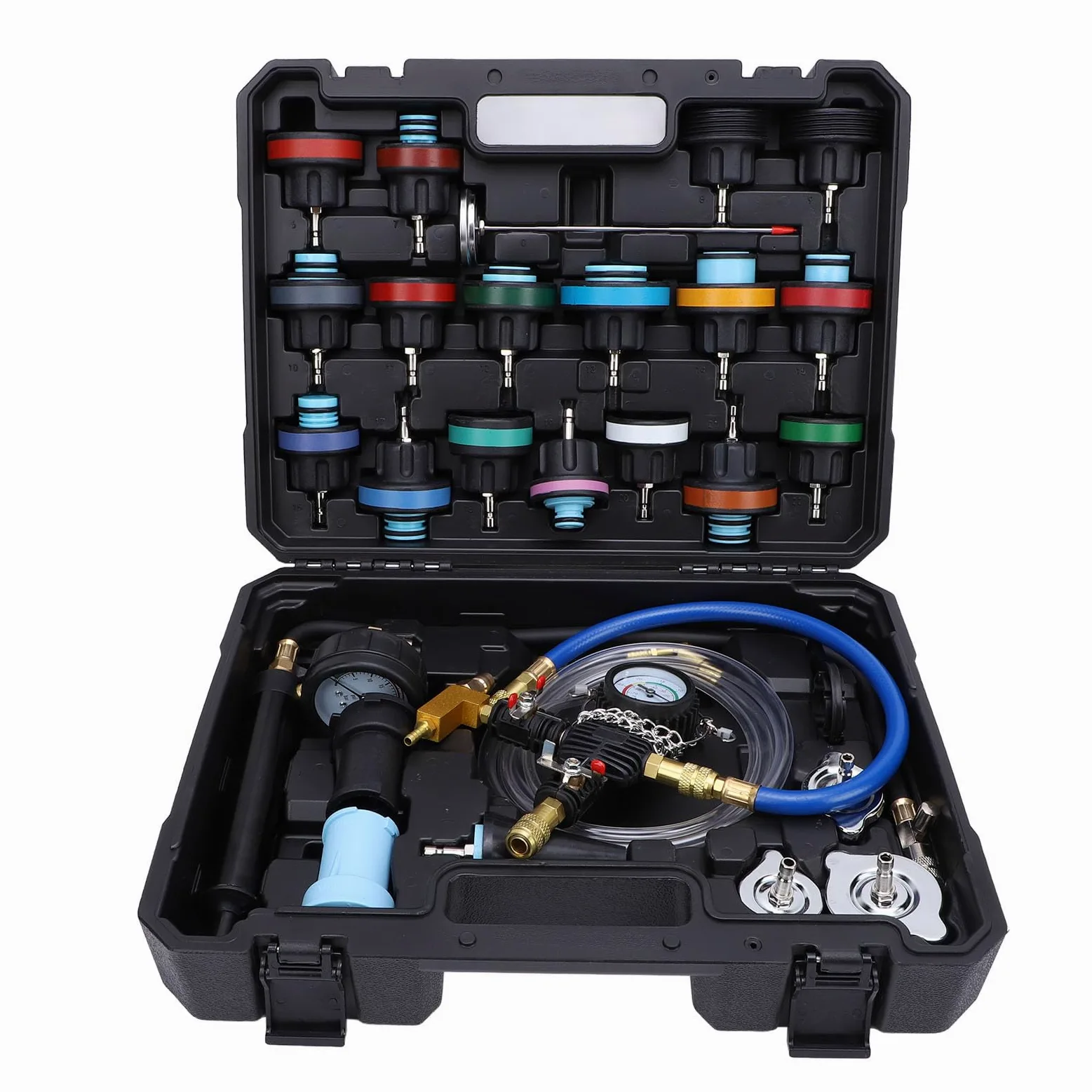 RiToEasysports Kit de Probador de Presión de Radiador, Kit de Probador de Presión de Refrigerante de Metal y ABS, 28 Piezas con Termómetro Indicador y Recambio de Vacío para Comprobación de Fugas
