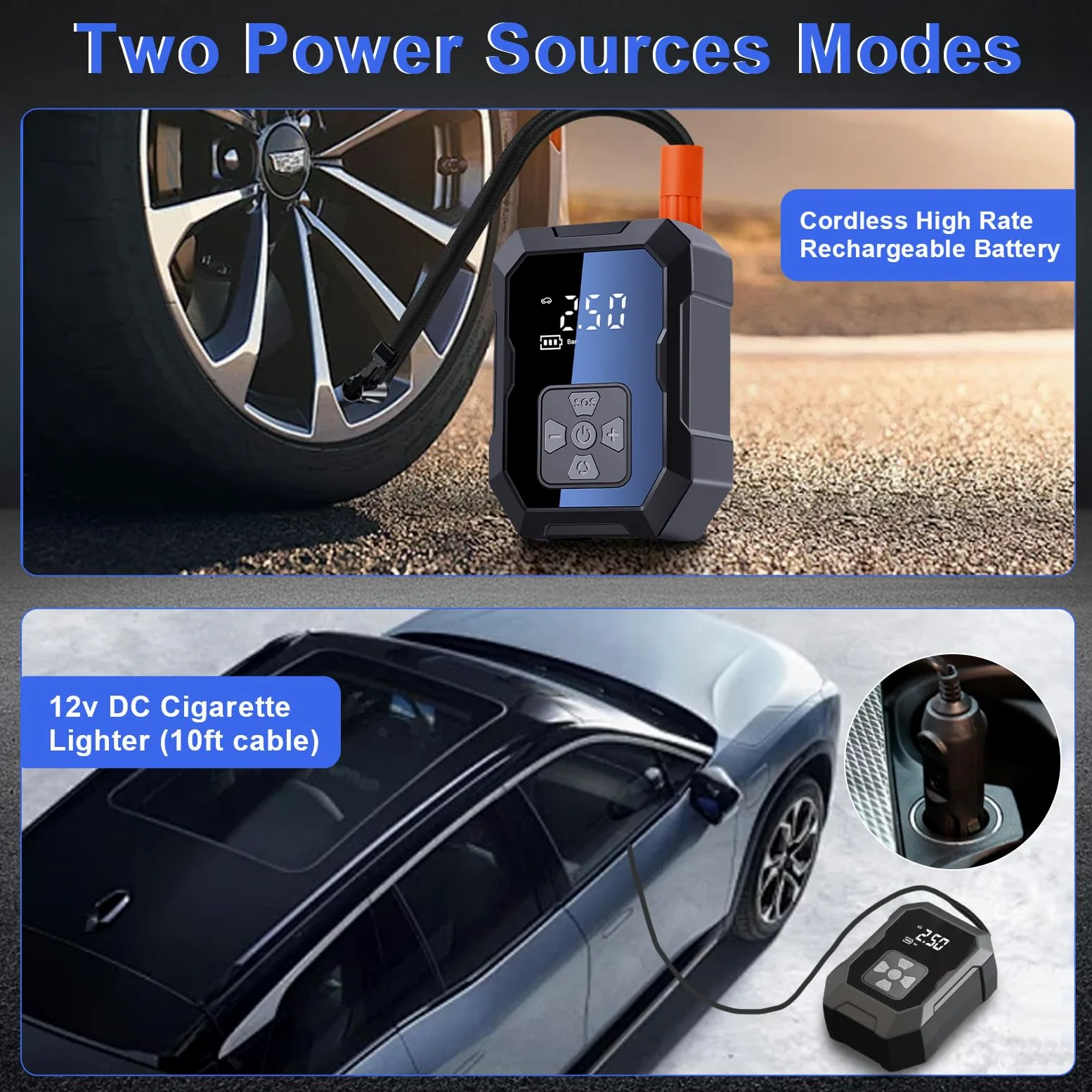 Compresor de aire portátil inflador de neumáticos, bomba de neumáticos 2 en 1 inalámbrica y encendedor de cigarrillos, con manómetro, hasta 150 psi, pantalla digital para coches, motocicletas
