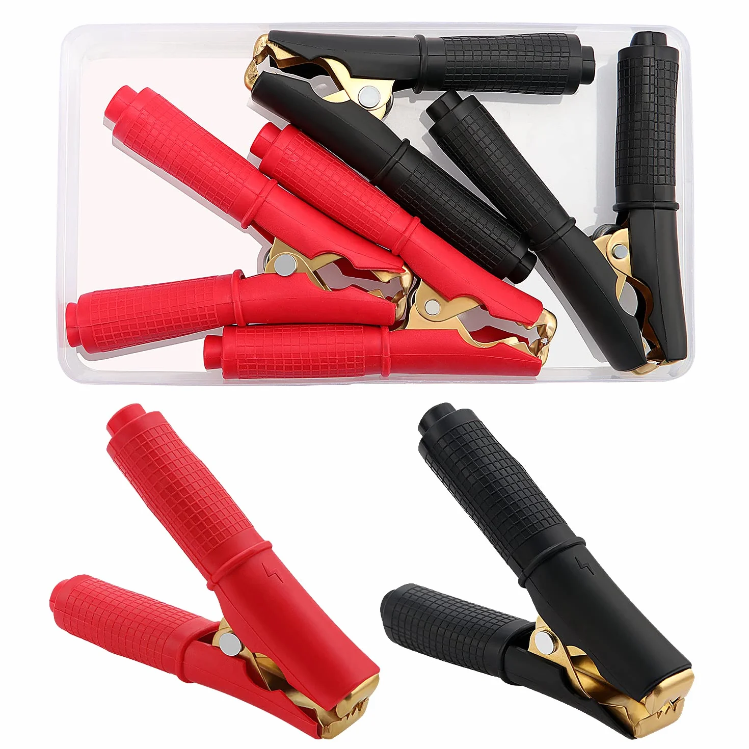 VooGenzek 4 Piezas 100A Pinzas de Cocodrilo, Clips de Cocodrilo Aislados, Abrazaderas de Carga de Cobre Puro, para Cable de Carga de Coche (90mm, Rojo + Negro)