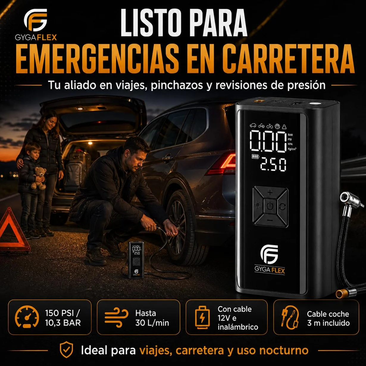 Inflador Ruedas Coche 30L/Min, Compresor Aire Portátil 150 PSI/10,3 Bar, Batería Recargable y Cable 12V 3M, Manómetro Digital, Apagado Automático, LED SOS, para Coche Moto Bicicleta Pelotas