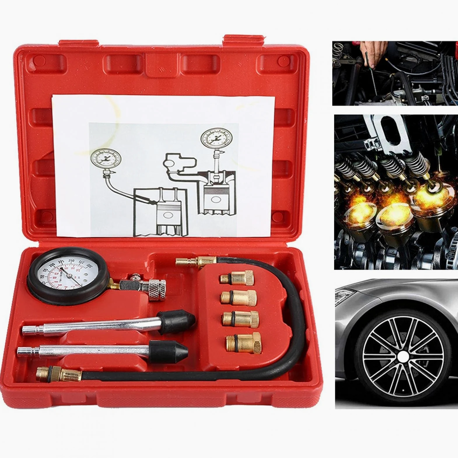 Kit de comprobador de compresión de motor, kit de prueba de presión de combustible, kit de medidor de comprobador de compresión de motor de gasolina, kit de prueba automotriz de cilindros de motor d