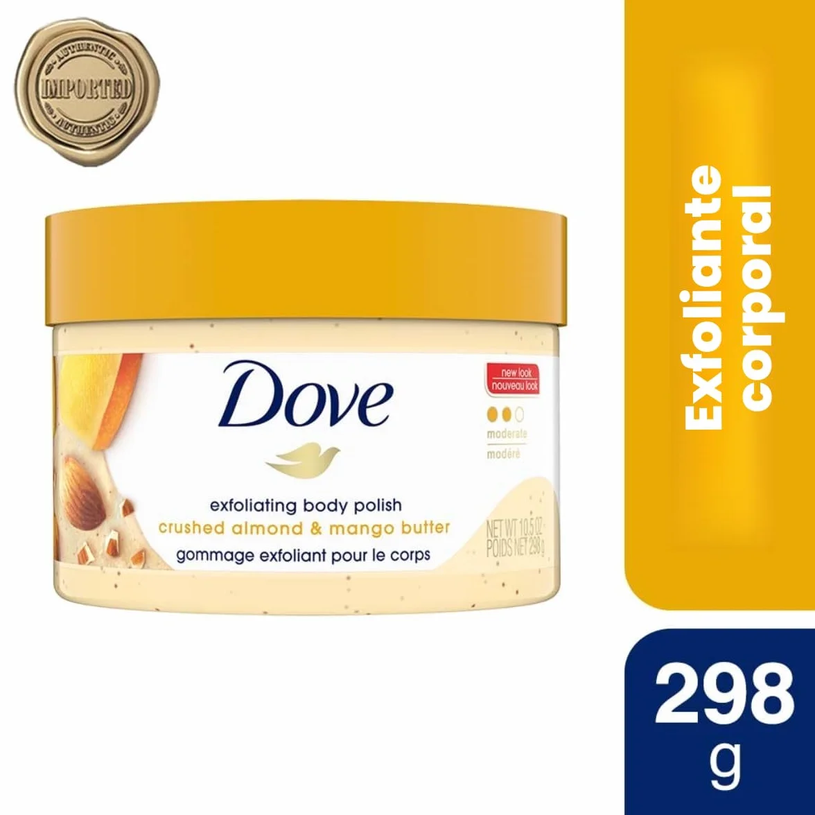 Dove Exfoliante corporal Body Polish piel seca almendras molidas mantequilla de mango exfolia hidrata aroma