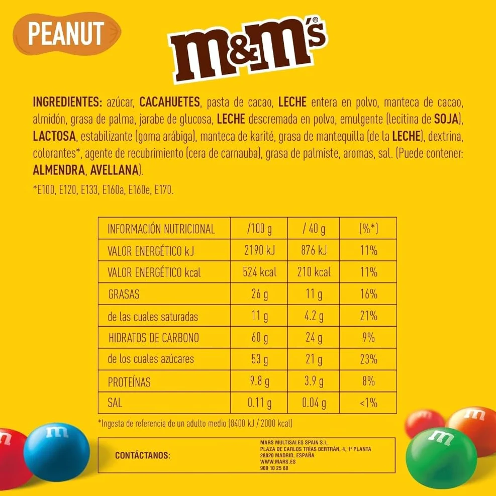 M&M's CACAHUETE Bolitas Chocolate con Leche Relleno de Cacahuete 200g