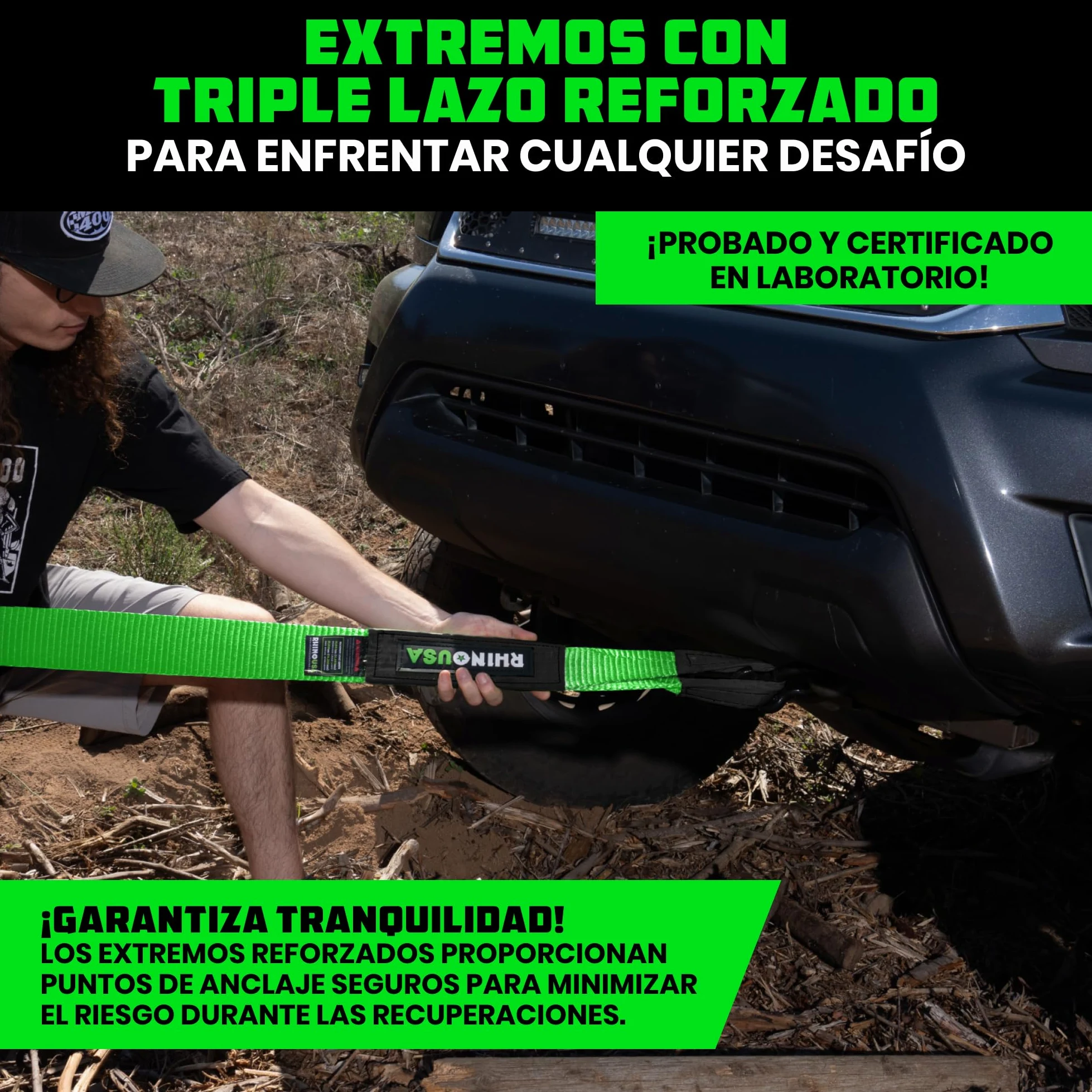 Rhino USA Correa de Remolque 7,6cmx9,1m 13.600kg Cuerda de Recuperación Heavy Duty Verde