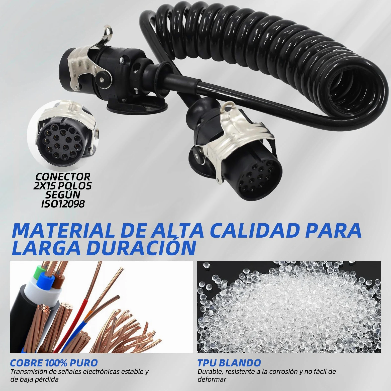 Carrete de cable de 15 pines de 24 V para remolques de camiones pesados, vehículos comerciales, semirremolques, cable adaptador específico de 15 pines