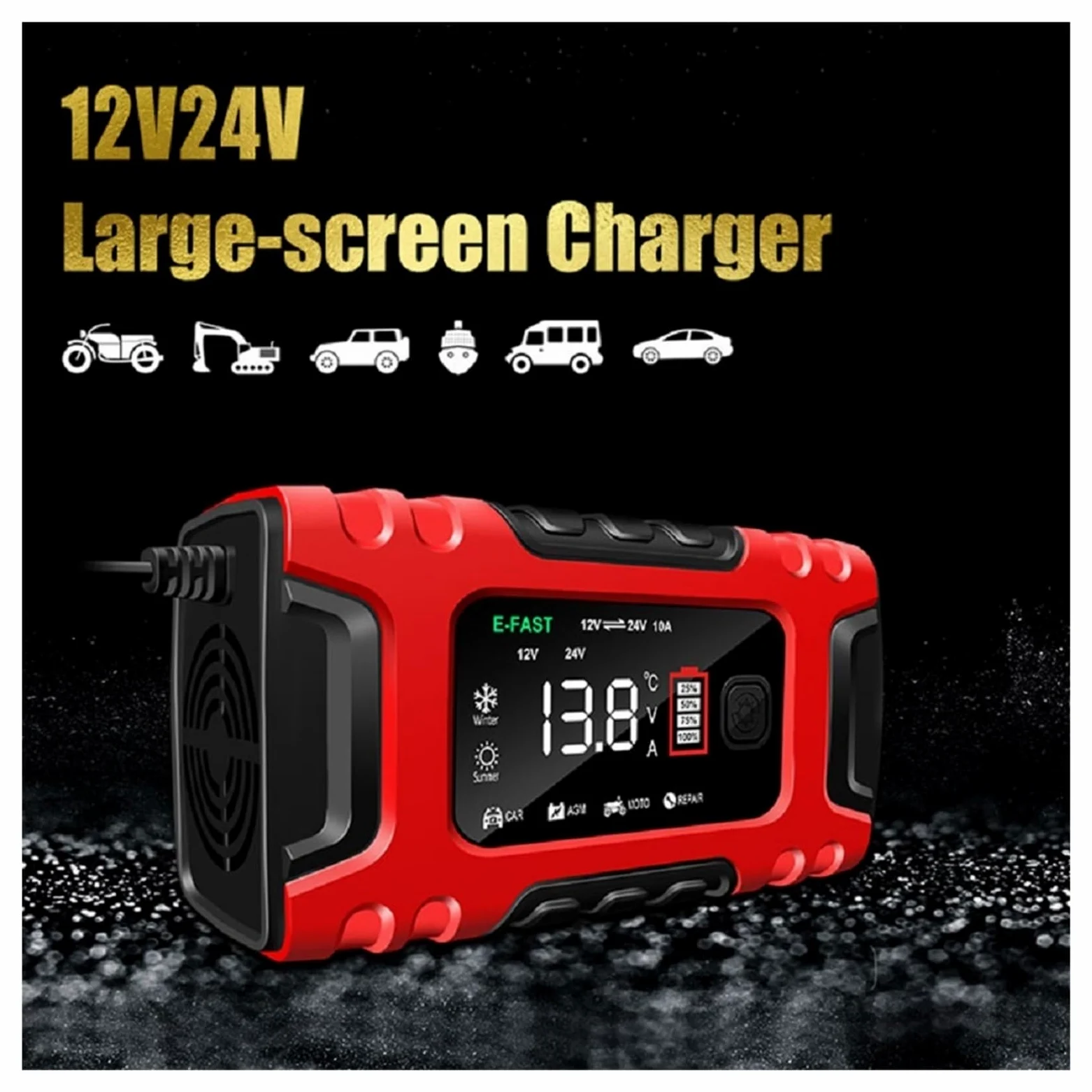 Cargador De Batería Coche Inteligente 7 Etapas 12V-24V, Digital 10A Completamente Automático, Reparación Pulso For Ácido Plomo Carga De PrecisióN(Yellow)