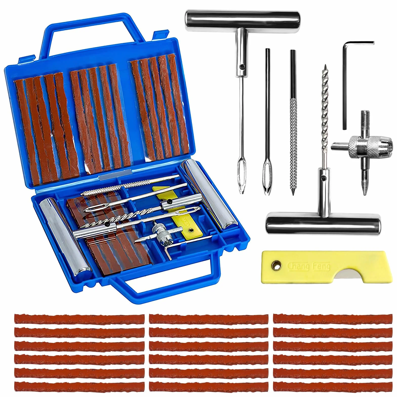 27PCS Kit Repara Pinchazos para Coche/Moto/Caravana, Kit antipinchazos neumático, Arreglar pinchazos en 3 Minutos, Mechas + Accesorios completos, Compacto para Maletero, Fácil Uso sin Experiencia