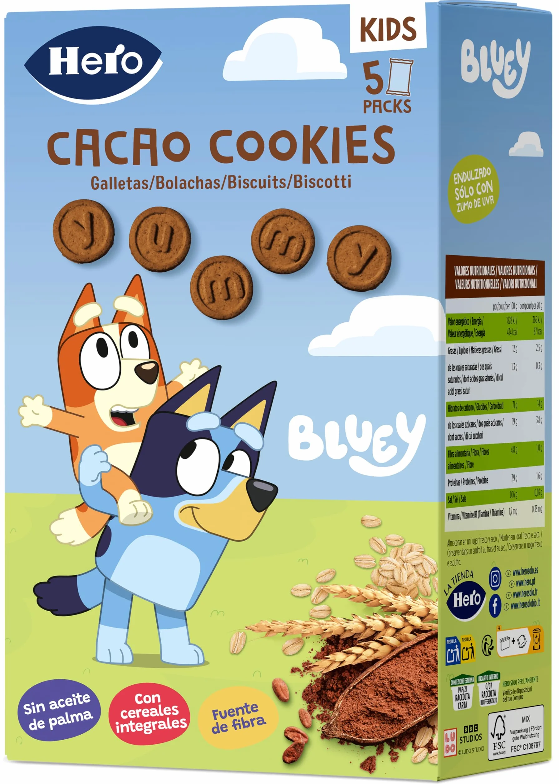 Hero Solo Galletas Infantiles de Cacao Bluey Snack Cereales Integrales Zumo de Uva Fibra 100g x 6uds