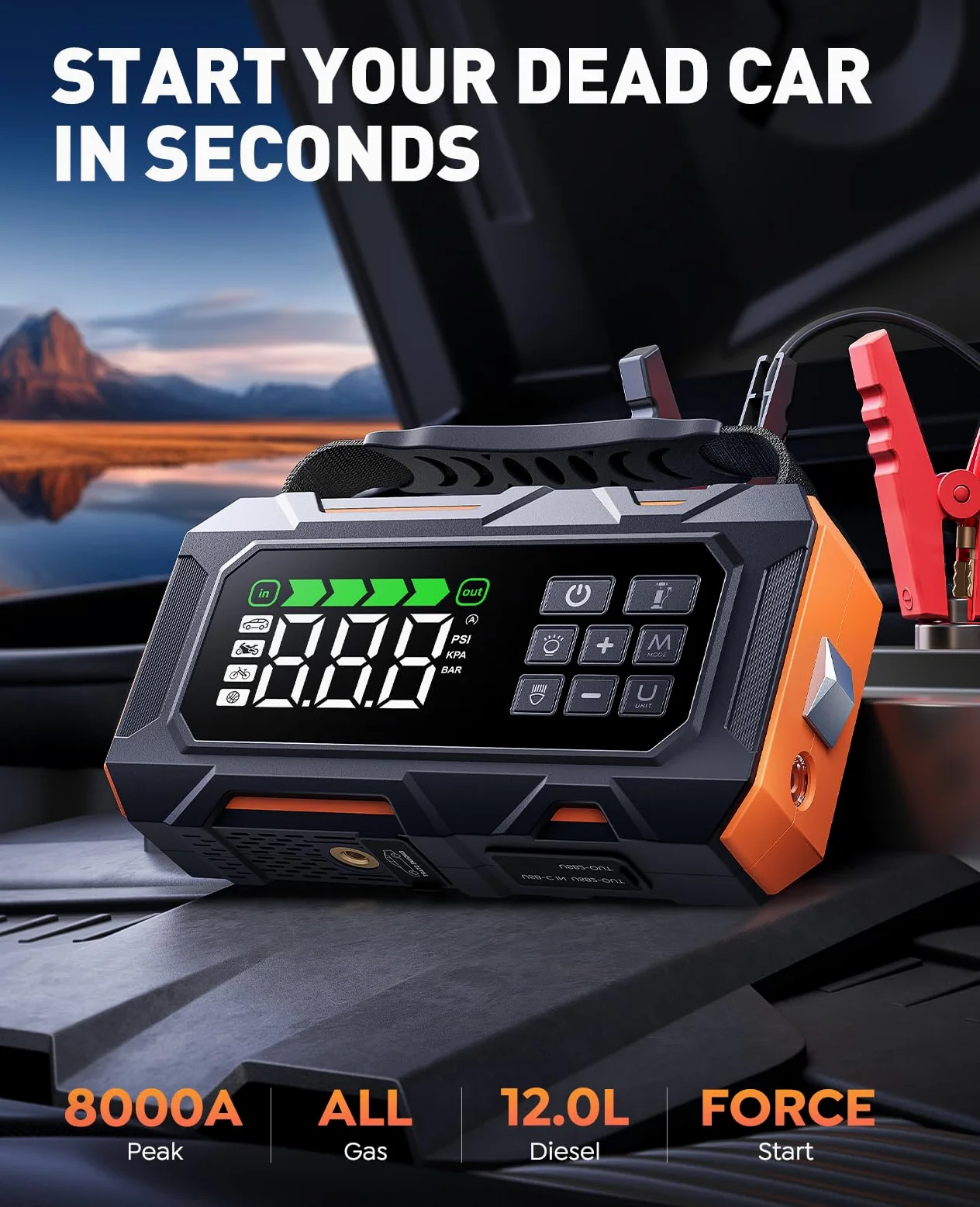 TREKURE Arrancador de Baterias de Coche 8000A 160 PSI con Compresor de Aire y Luces Multimodo