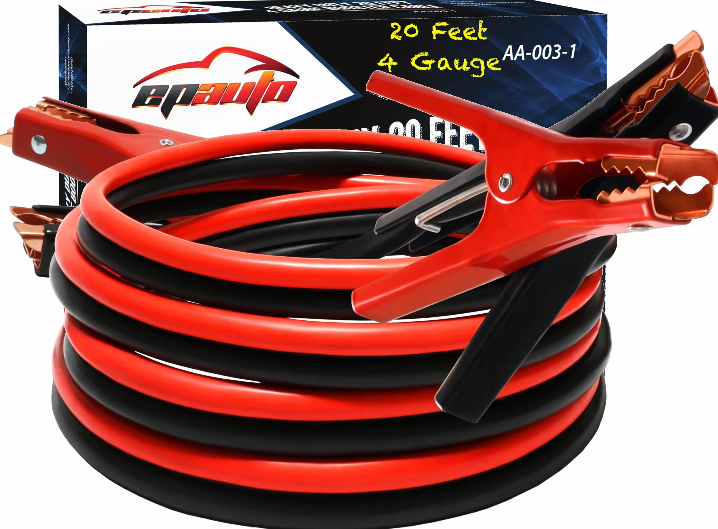 EPAuto 4 Gauge x 500A Heavy Duty Booster Jumper Cables con bolsa de viaje y guantes de seguridad (4 AWG x 20 pies) | Con guantes de seguridad y bolsa de viaje (arranque seguro para baterías muertas) para coche y SUV