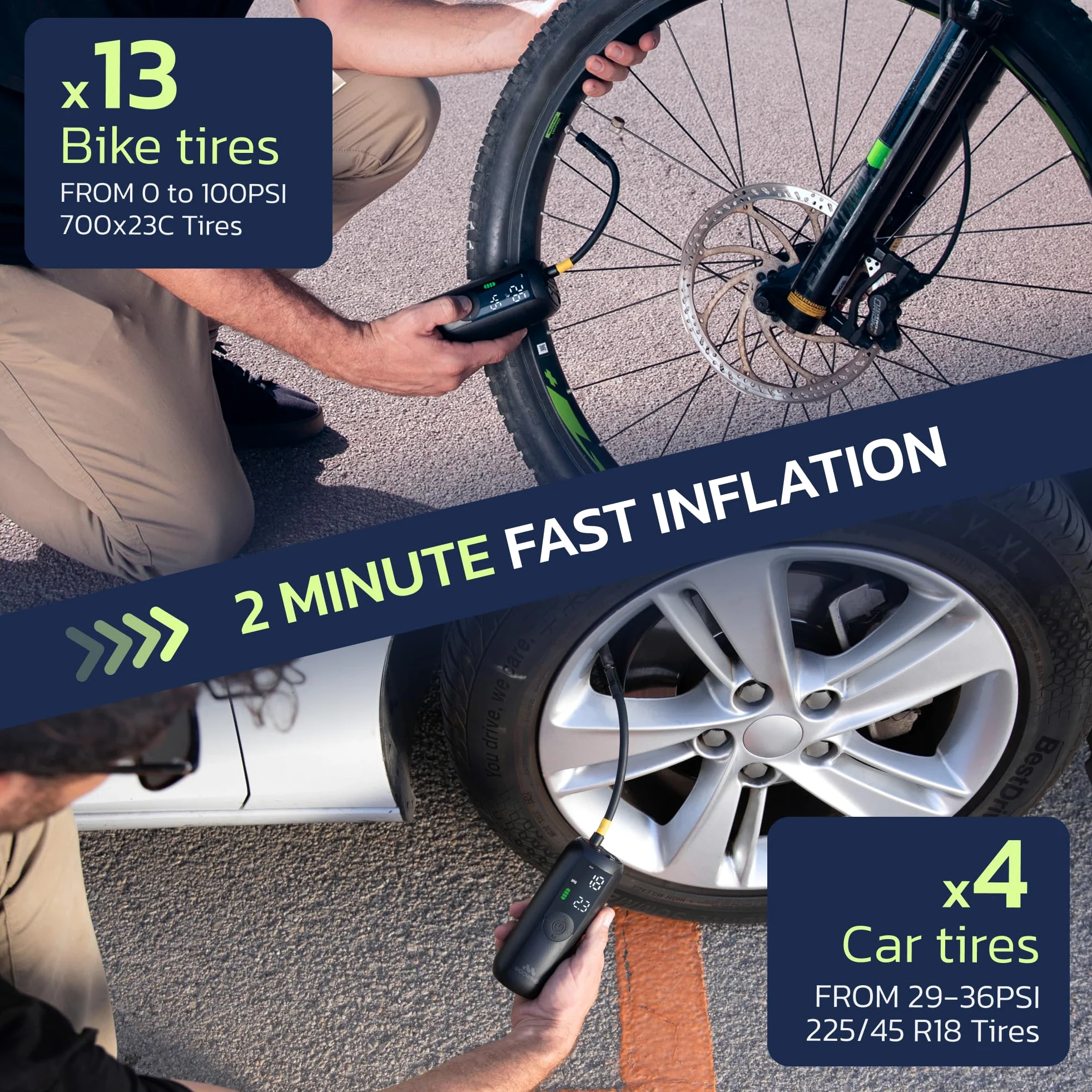 Woowind Compresor Aire Portatil 150PSI/10,3Bar, Bomba Bicicleta, Inflador Ruedas Coche, Hinchador Ruedas Coche, Apagado Automático + Woowind Tire Sealant Pro Sellador de Neumático Paquete