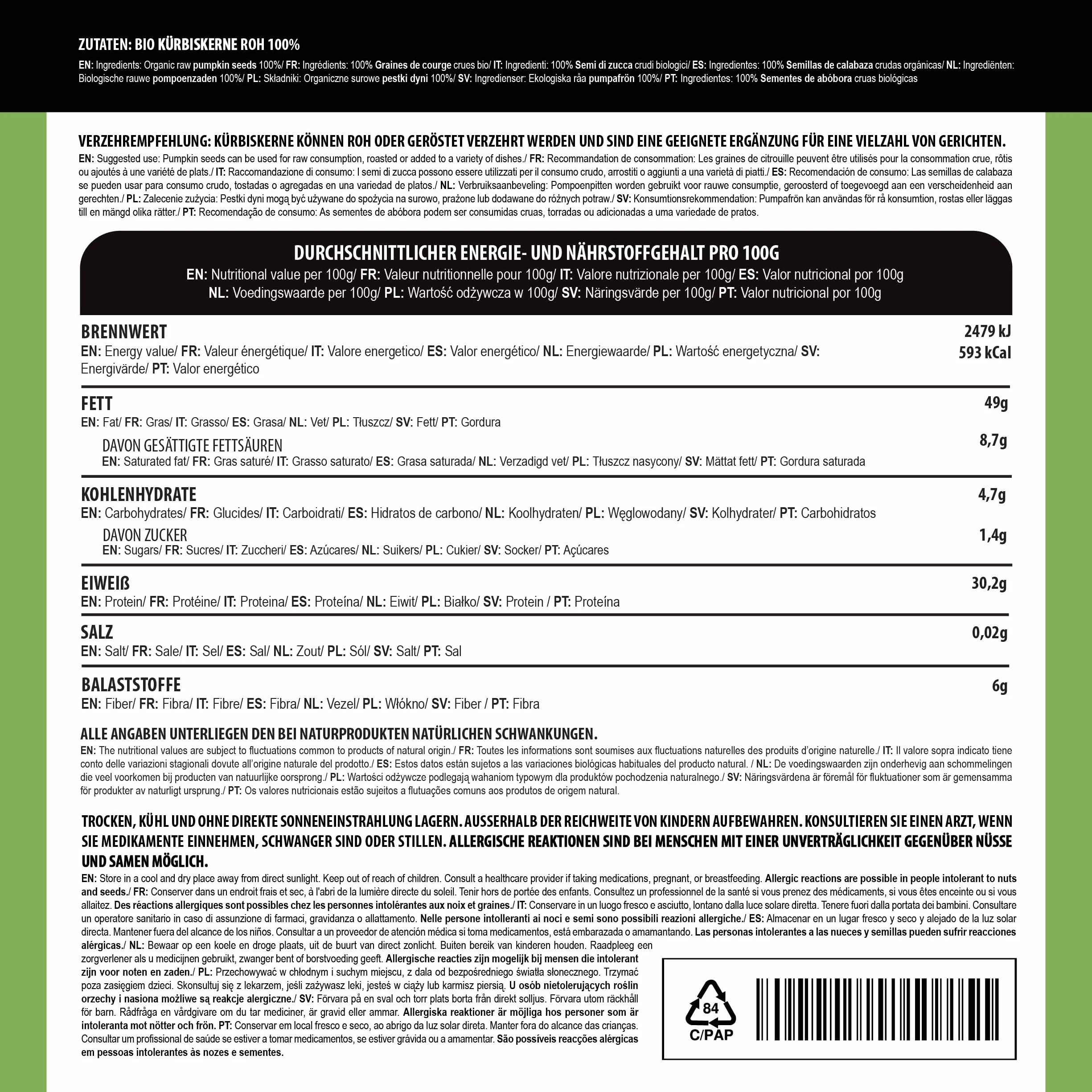 Semillas de Calabaza Orgánica Crudas Peladas 500g