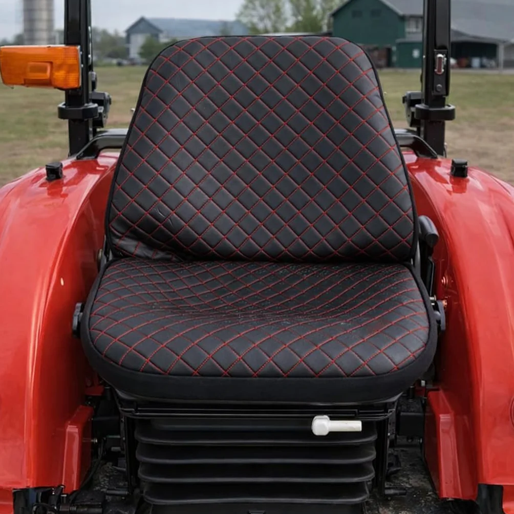 Funda de asiento universal para tractor de piel sintética acolchada, negro con costuras rojas