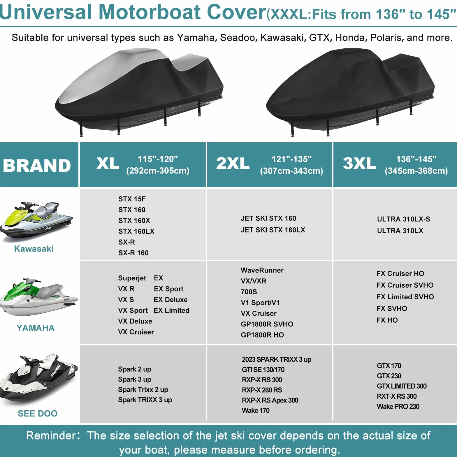 Funda para moto acuática 420D resistente al agua de 3 plazas, cubierta Waverunner mejorada con 2 rejillas de ventilación, 4 hebillas resistentes al viento, funda universal para todo tipo de clima para