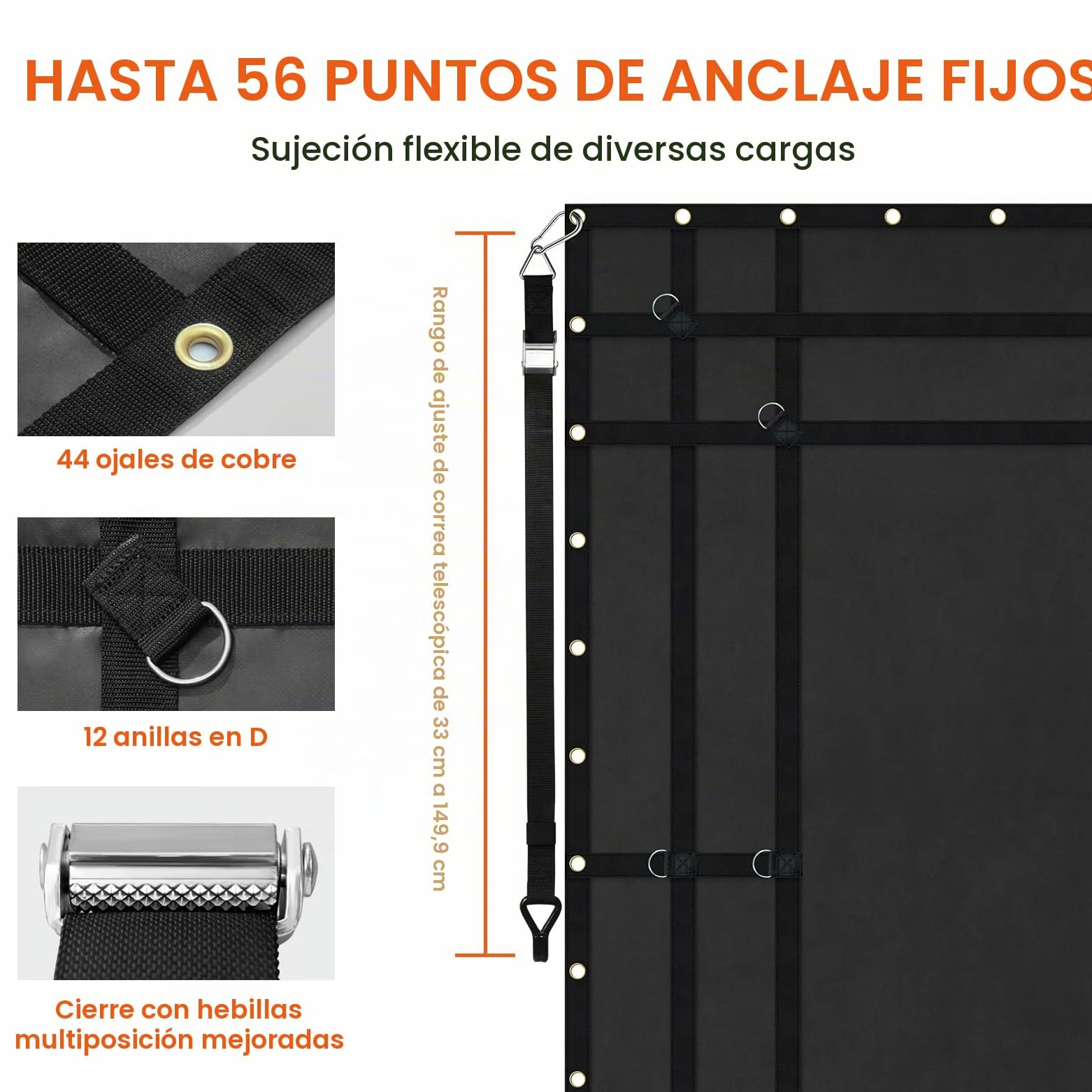 VEVOR Red de Carga de 2440 x 2060 mm Red de Carga Resistente de Carga de 318 kg, 4 Correas Ajustables con Mosquetones y Ganchos Recubiertos de Goma, Red de Transporte para Camiones, Jeeps, Barcos