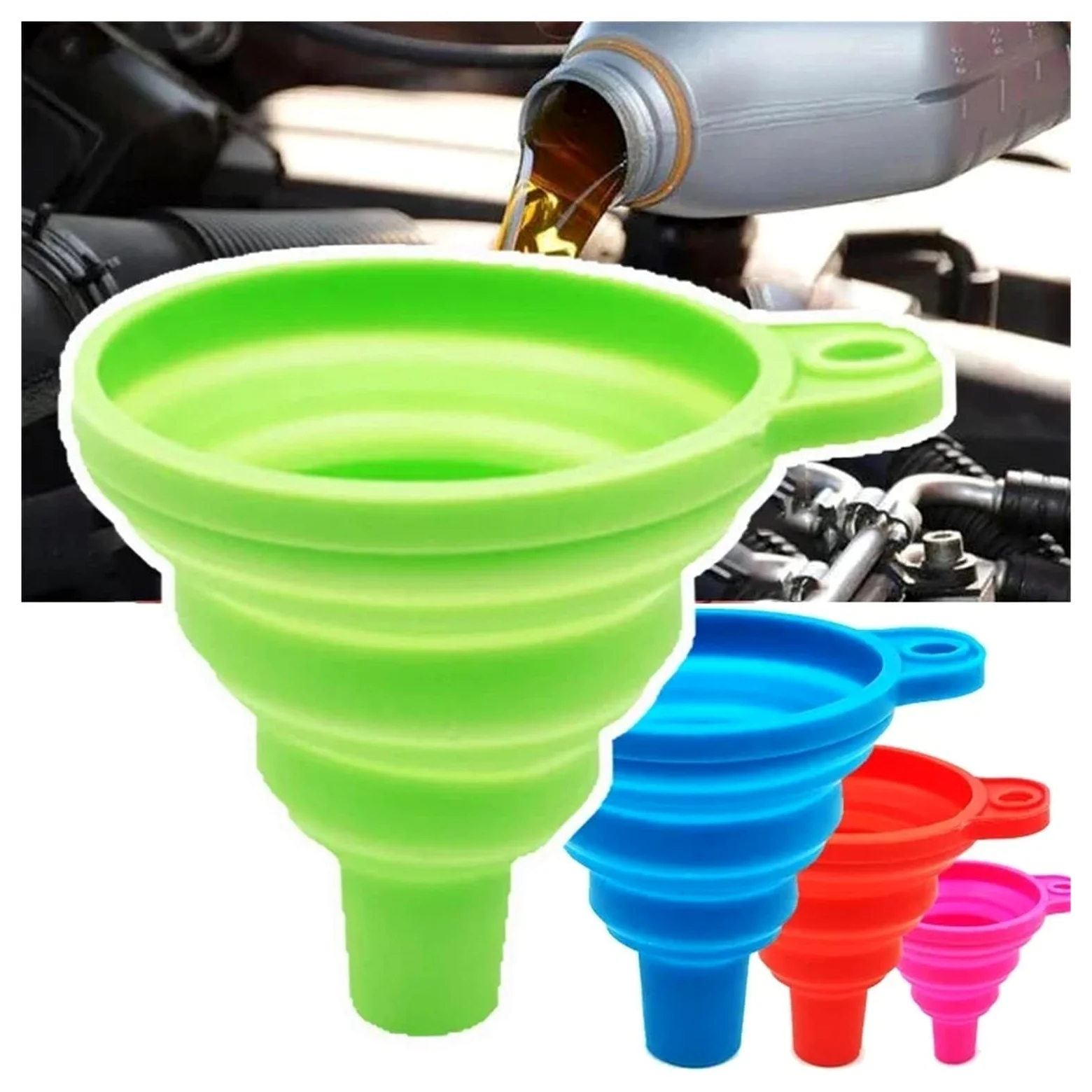 Embudo de silicona plegable para cambio de líquido de aceite de motor de coche, gasolina, lavadora | Azul