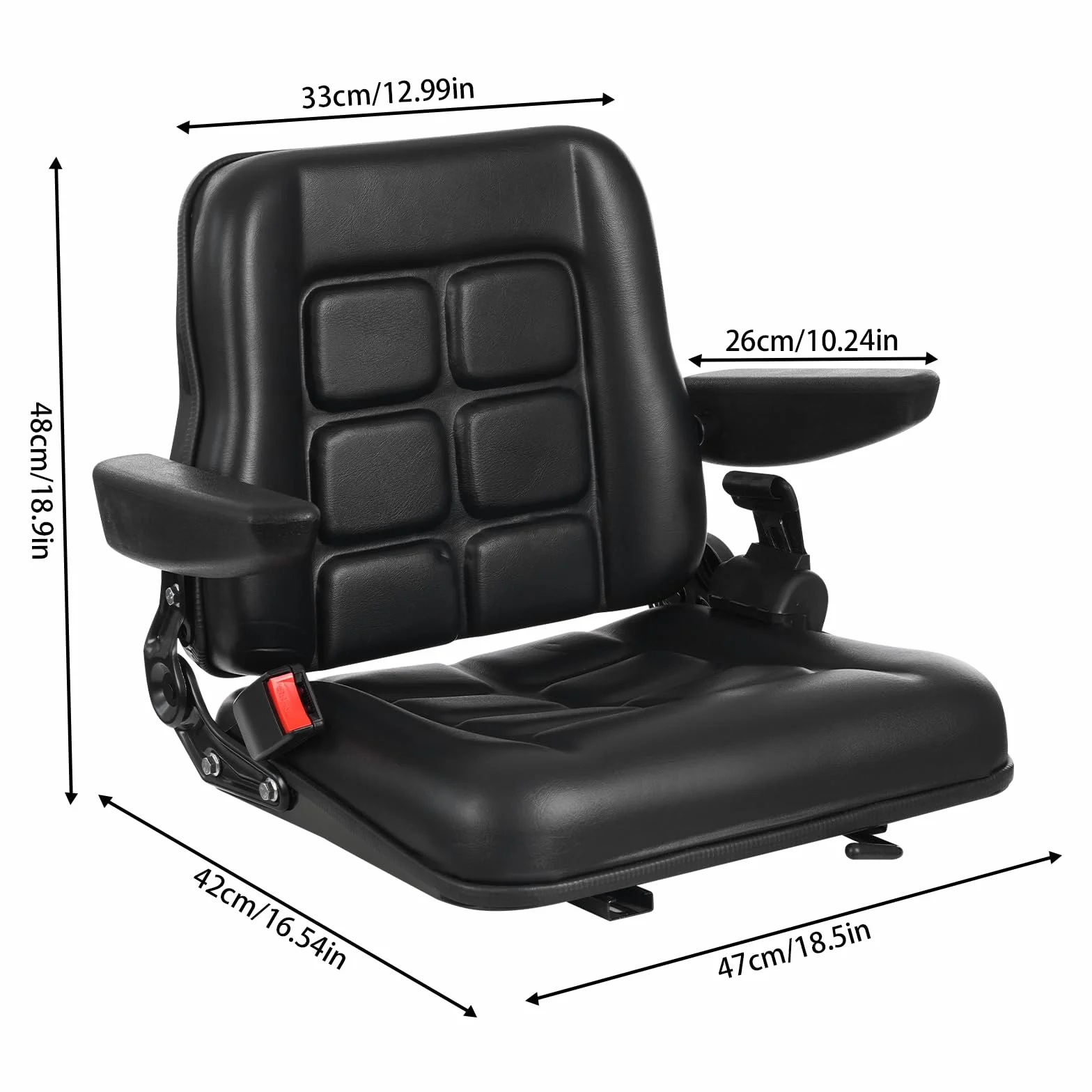 Asiento universal para carretilla elevadora, asiento de tractor ajustable con reposabrazos, cinturón de seguridad y piel sintética de PVC impermeable, para carretillas elevadoras, tractores y