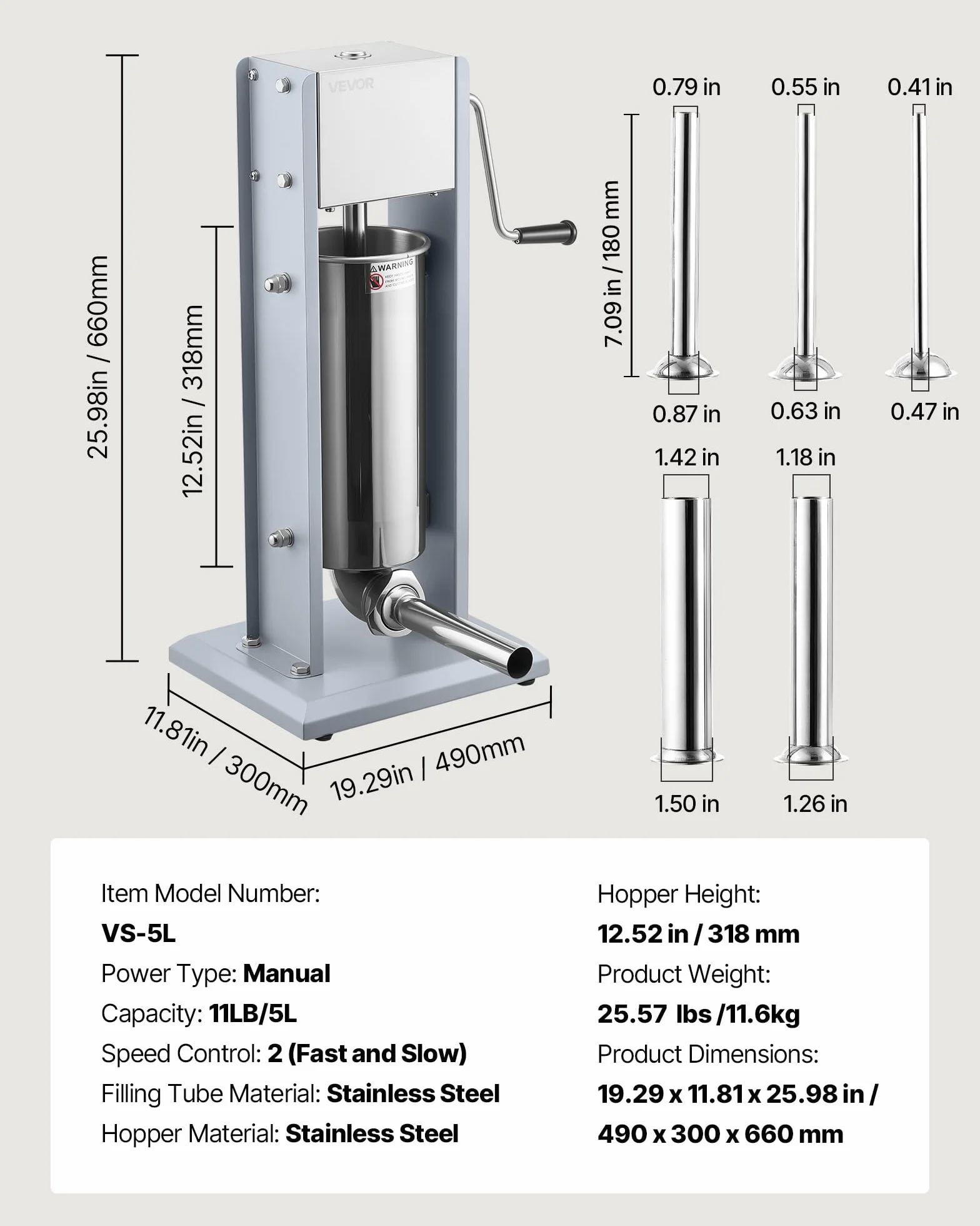 VEVOR Embutidora Manual de Salchichas 5 L, Embutidora Vertical de Mesa de Acero Inoxidable con 5 Tubos de Relleno