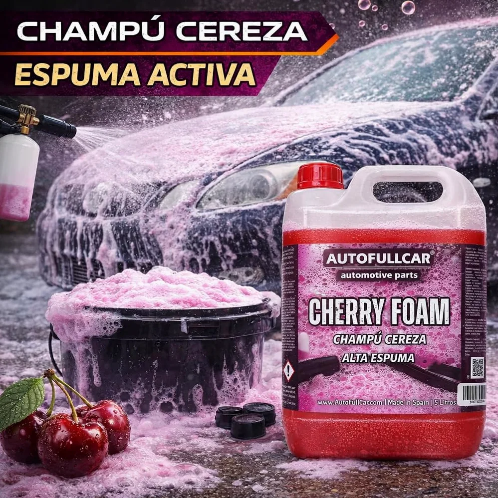 AutoFullCar Cherry Foam 5 Litros, Champu Espuma Activa Coche Rosa, Limpiador Alcalino Alta Concentracion, Lavado Carroceria, Uso con Lanza Foamer o Cubo, Encapsula Suciedad