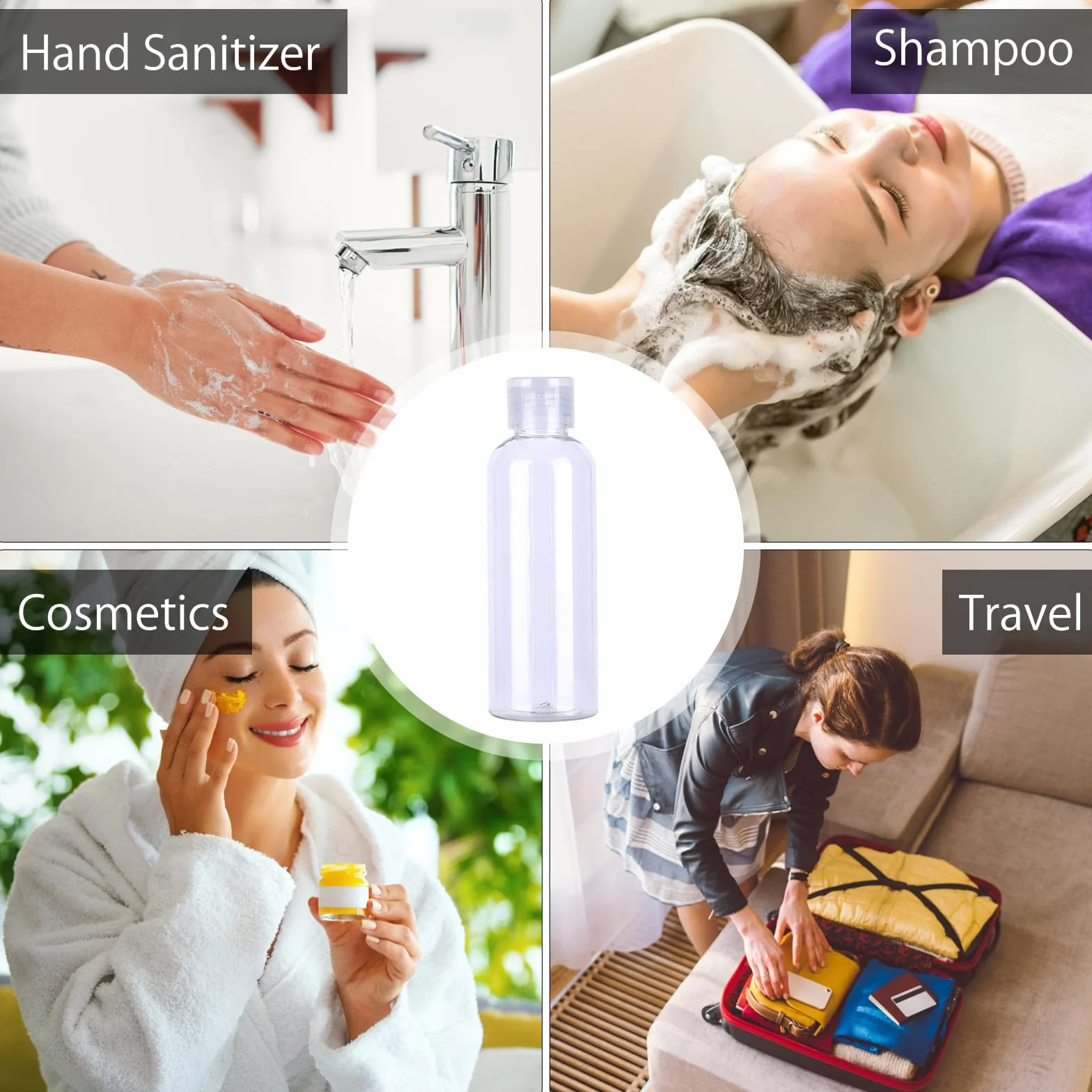 Juego de botellas de viaje 100 ml plástico transparente con tapa abatible 10 piezas para champú acondicionador loción