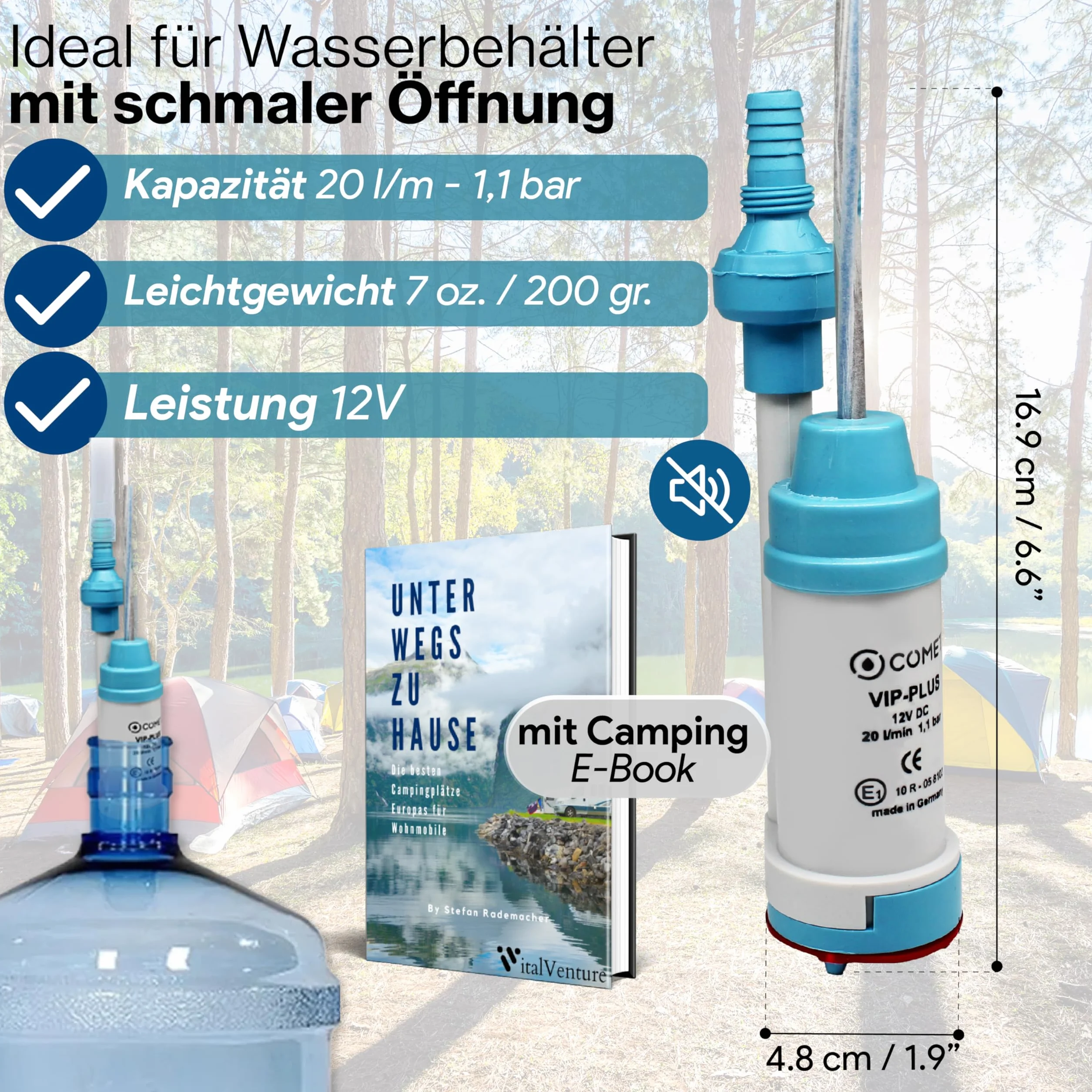 Comet VipPlus - Bomba de agua con válvula antirretorno (fija) + filtro con set de libro electrónico para camping, para autocaravanas, caravanas - bomba sumergible de 12 V