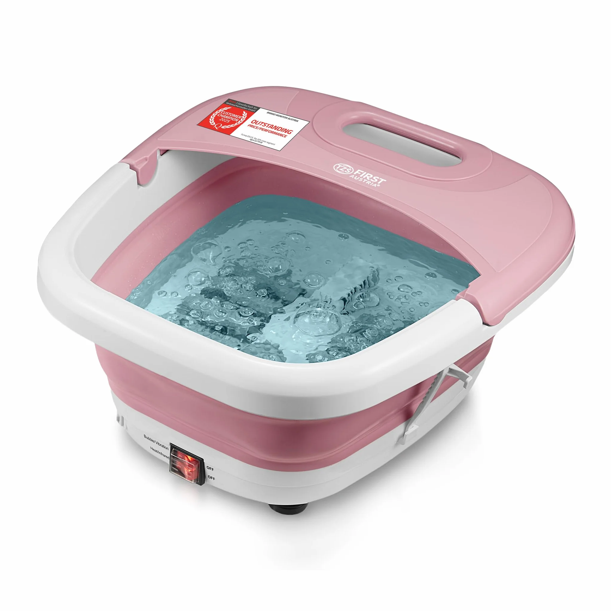 TZS First Austria Hidromasajeador plantar plegable 450W 3 accesorios 8 rodillos de masaje Pediluvio eléctrico vibración burbujas infrarrojos calefacción