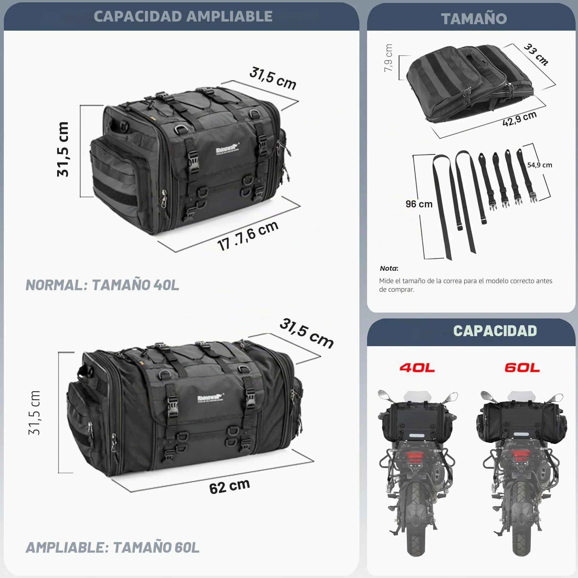 Rhinowalk - Alforja para Moto de 40-60 l, Impermeable, para Asiento Trasero