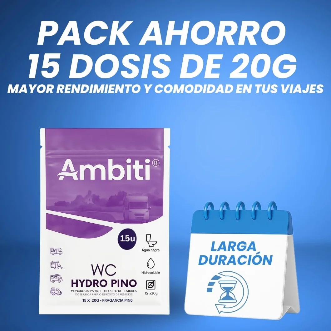 Ambiti | WC Hydro | Monodosis Hidrosolubles para Depósito de Residuos de Autocaravanas,Caravanas y Campers| Antibacteriano| Elimina Deshechos Orgánicos y Papel Higiénico| Fragancia Pino| 15ud