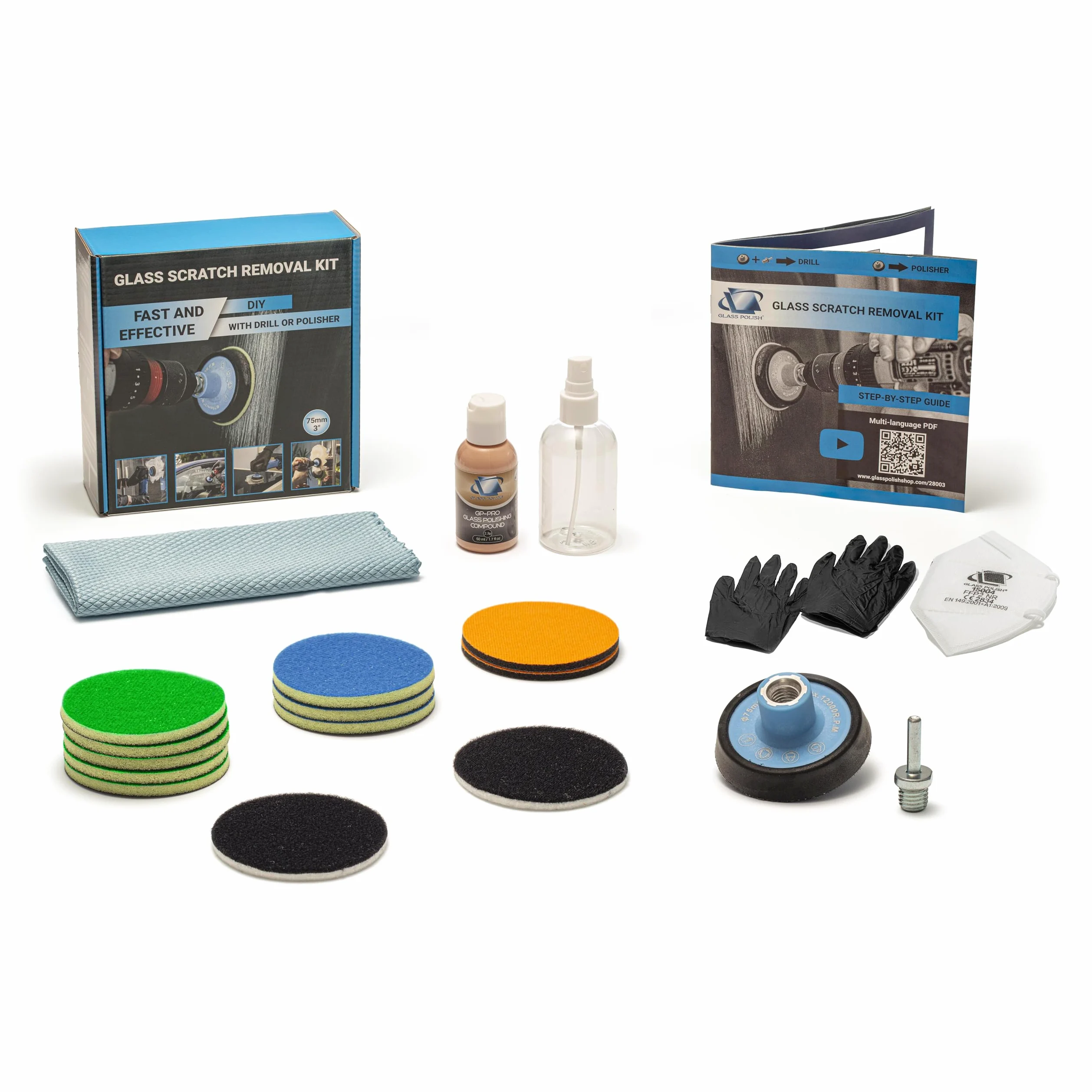 Kit de Eliminación de Arañazos en Vidrio 75 mm para Pulido con Taladro, Repara Arañazos Profundos