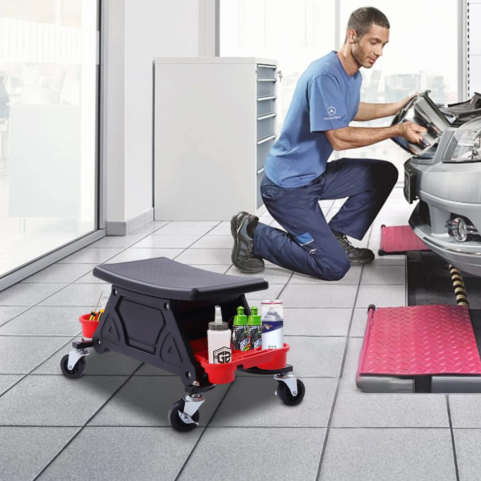 Taburete de taller con ruedas, taburete de trabajo, silla de taller, con dos compartimentos de almacenamiento, asiento de taller para trabajos de bricolaje y reparaciones mecánicas, capacidad de carga