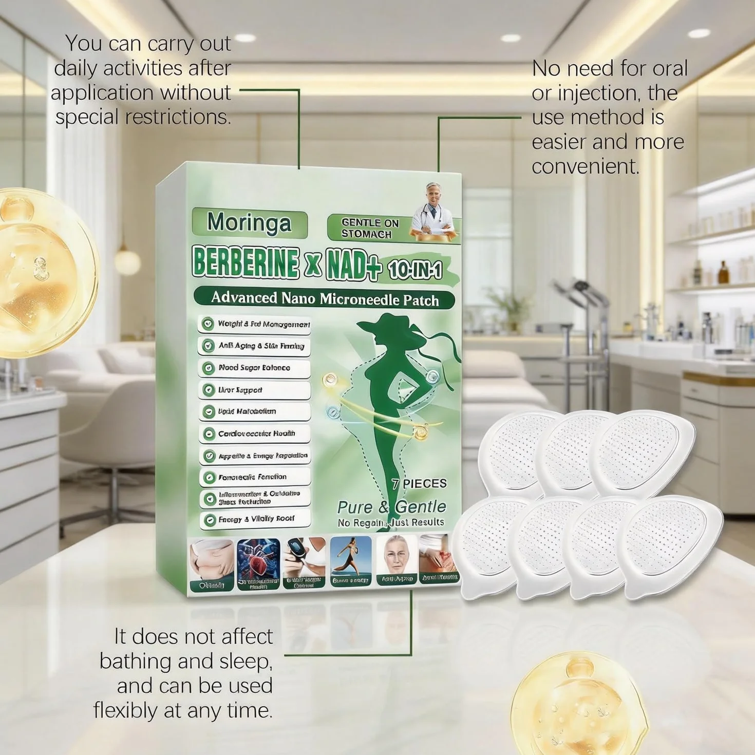 Moringa 10 en 1 Parches con Nano Microaguja y Berberina para Adelgazar, Parche Natural 2026, 4 Cajas