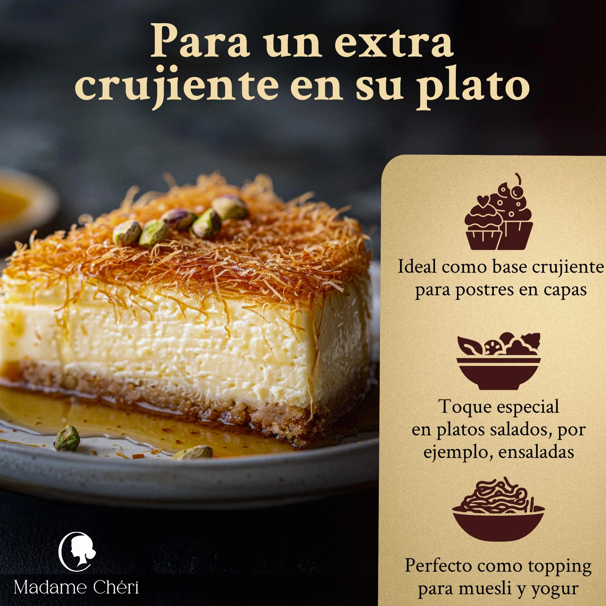 Madame Chéri Kadayif 200 g – Fideos crujientes dorados para chocolate de Dubái y postres