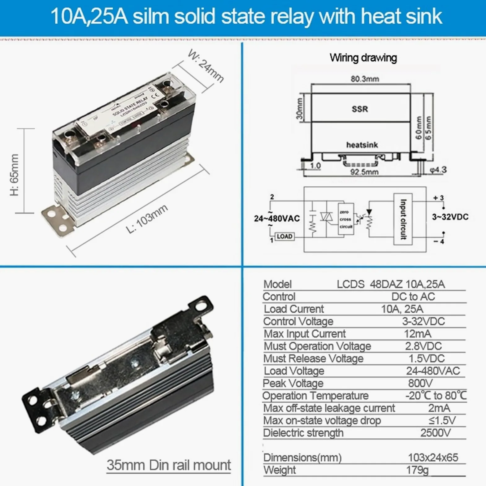 Relé Industrial SSR con disipador de calor, relé de estado sólido montado en Riel DIN, CC a CA, 10A, 25A, 40A, 60A, 80A, 100A, 120A, 1 Uds.(DC-AC 100A)
