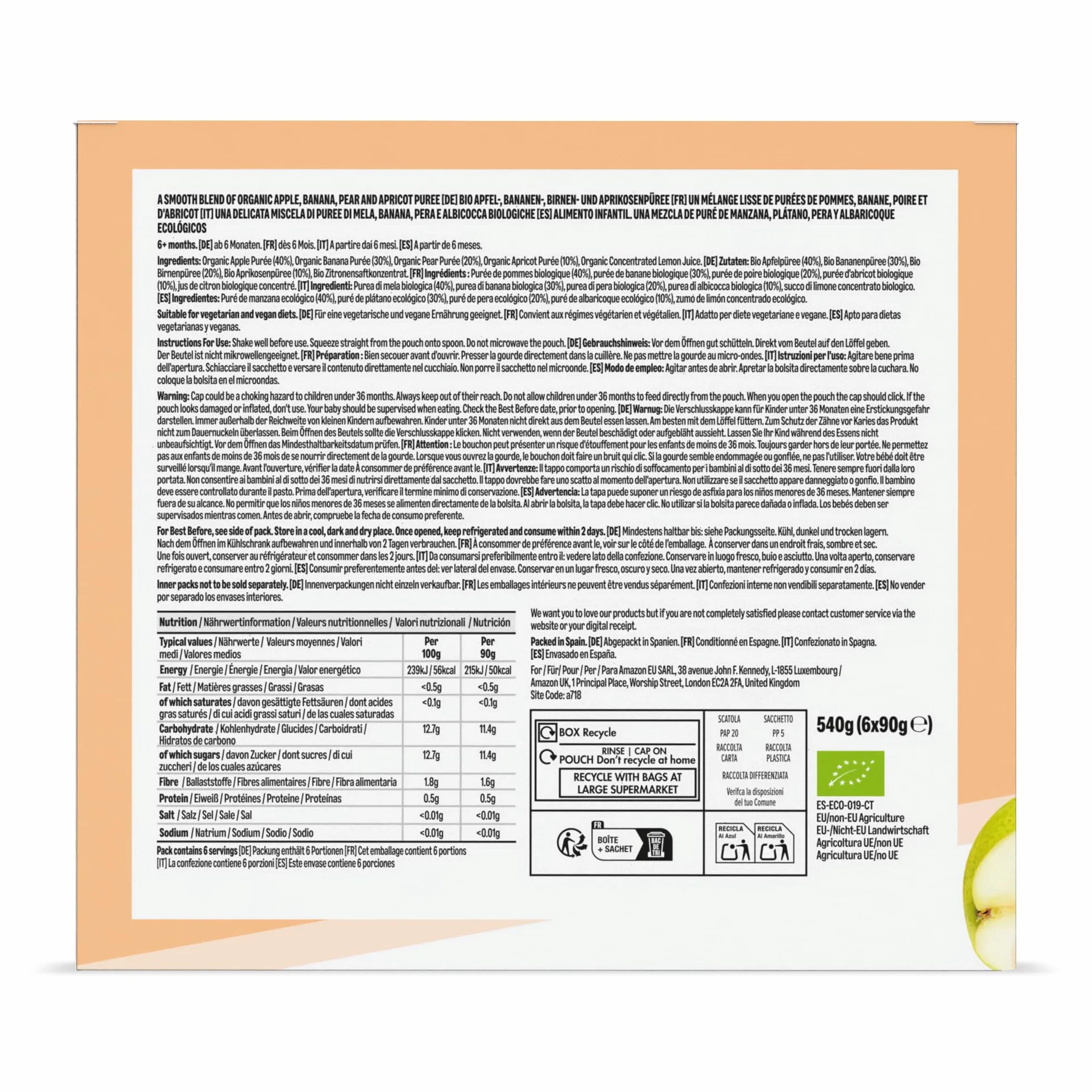 Bolsitas de Puré de Manzana, Plátano, Pera y Albaricoque Ecológico - 6 x 90g