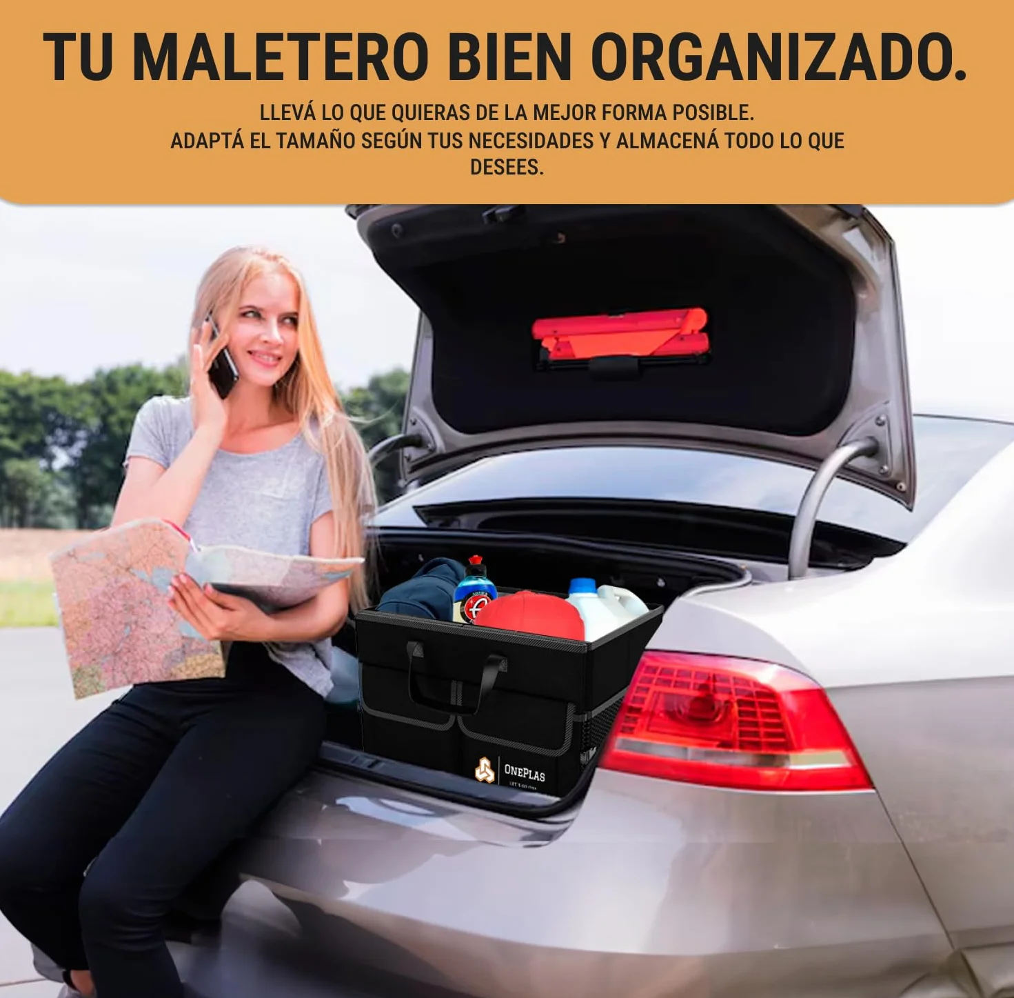 ONEPLAS Organizador de Maletero Coche y SUV - Organizador de Coche para Almacenamiento - Caja Plegable con 2 Compartimentos Grande - Base Antideslizante - Cinchas Ajustables - Tapa Extraíble (Negro)