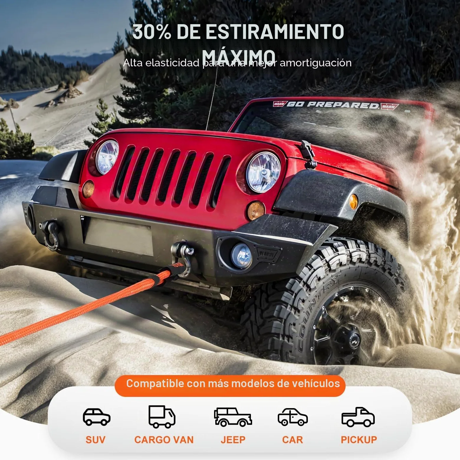 VEVOR Cuerda de Remolque de recuperación cinética de 7/8 Pulgadas x 20 pies, 30 Libras, Correa de Arranque Todoterreno Resistente, 30% de Elasticidad, Correa de Arranque de energía para Jeep, Coche,