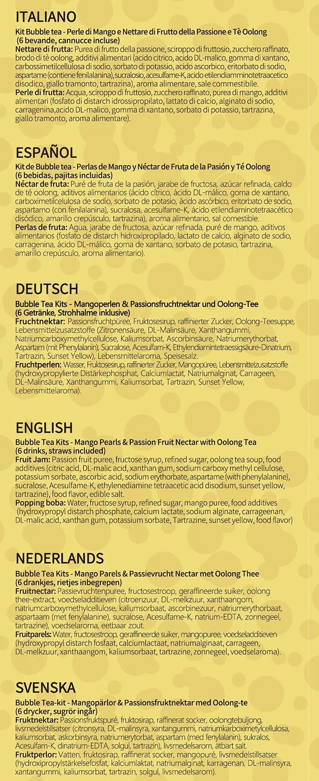 Kit de Bubble Tea MiruMiru con Perlas de Mango y Néctar de Fruta de la Pasión con Té Oolong para 2 Bebidas