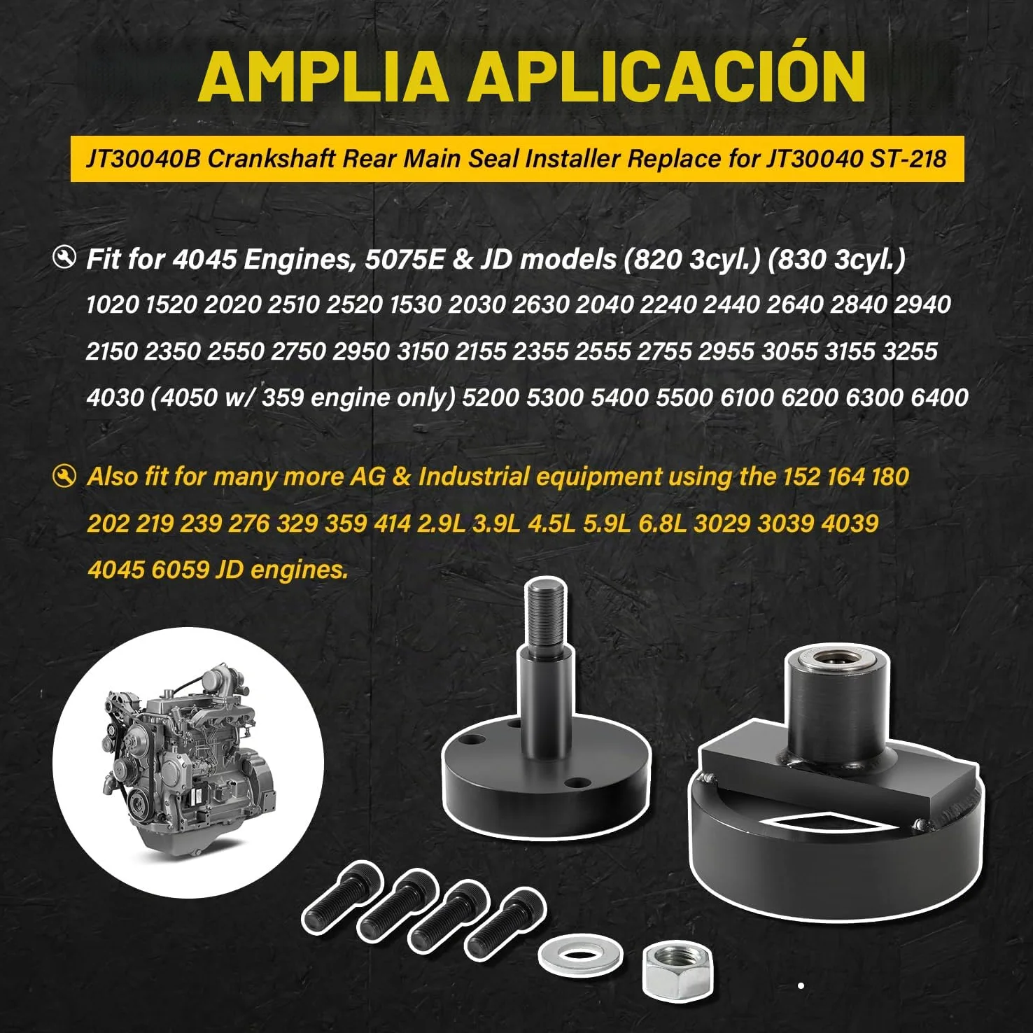 JT30040B Instalador de Retén Principal Trasero de Cigüeñal, Compatible con John Deere 4045 152 164 180 202 219 239 329 359 414 Herramienta de Instalación de Motor, Reemplazo para JT30040, KCD10002A