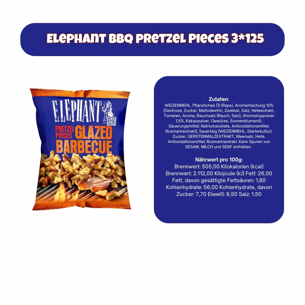 Elephant Pretzel Pieces 4 x 125 g BBQ Sriracha Honey Mustard Crujientes Pretzelets