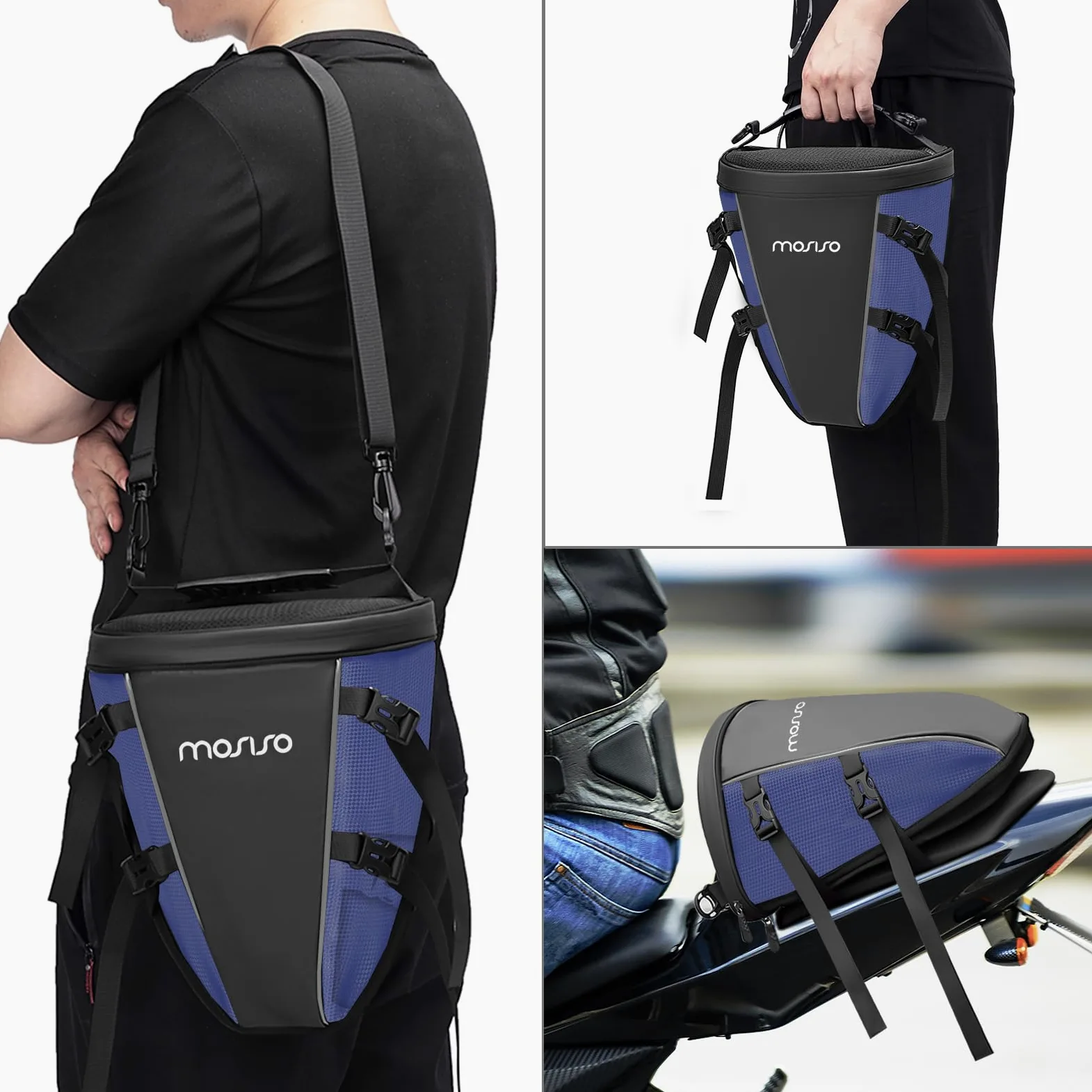 MOSISO Motocicleta Trasera Bolsa Multifunción Impermeable Poliéster Almacenaje Sillín Bolsa, 10L Exterior Deportes Moto Asiento Trasero Luz Tanque Bolso Portaherramientas con Bandolera,Azul Marino