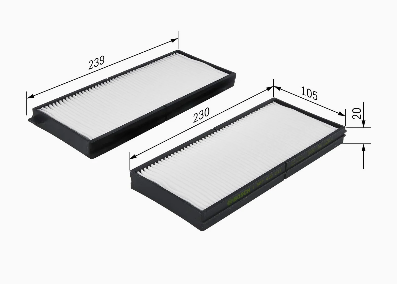 BOSCH Filtro de habitáculo 1 987 432 211 Filtro de partículas Altura: 20 Ancho: 105 Longitud: 239 Compatible con KIA SHUMA FB SHUMA II FB SHUMA II Sedán FB