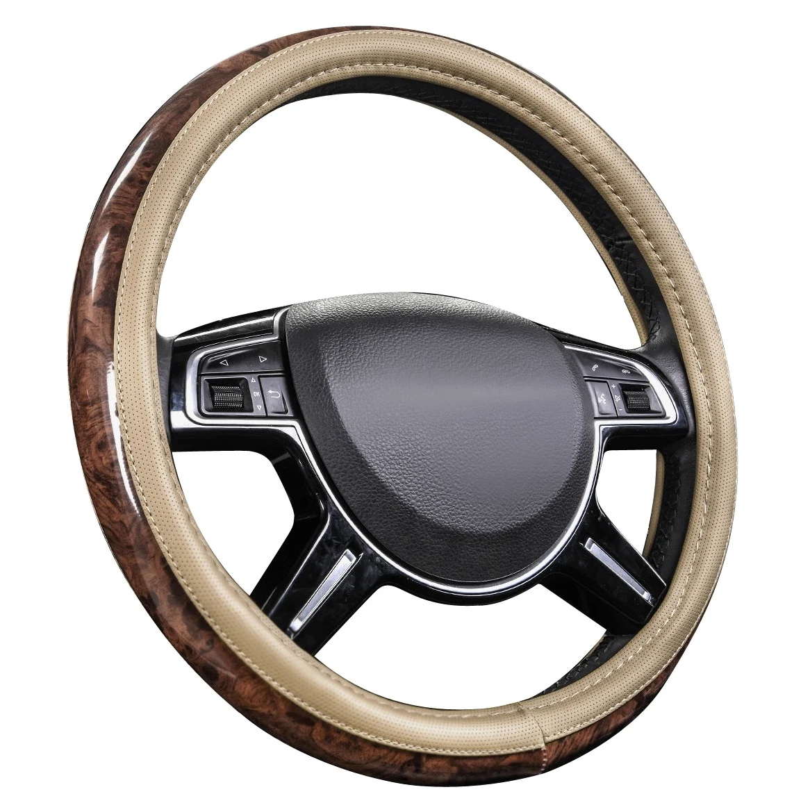 CAR PASS Fundas de Volante de Cuero de Grano de Madera de Ajuste Universal para SUV, Camiones, sedanes, diseño Antideslizante (Beige)