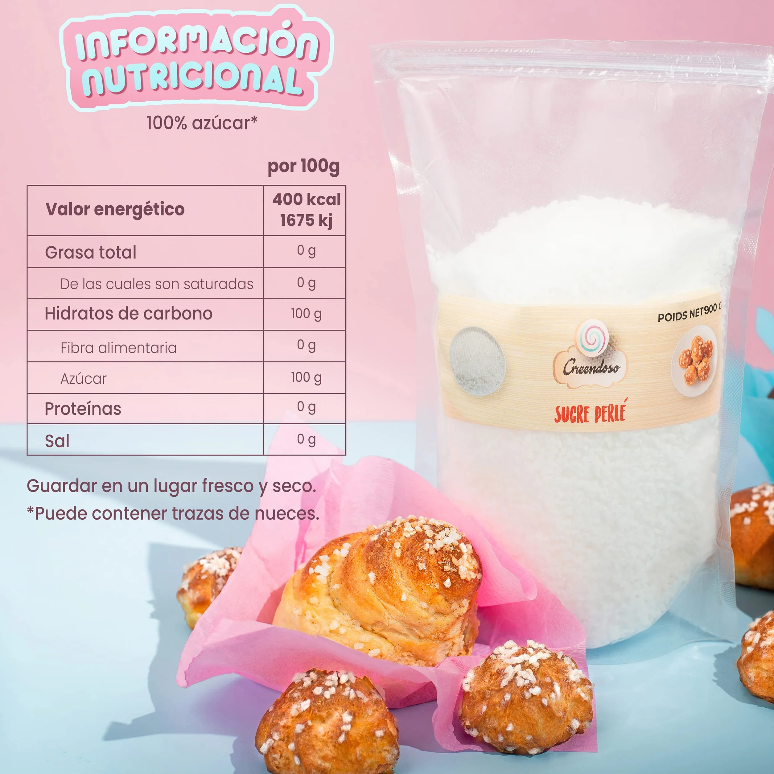 GREENDOSO Azúcar Perlado 900 g do Gofrów, Rolad, Roscón i Dekoracji