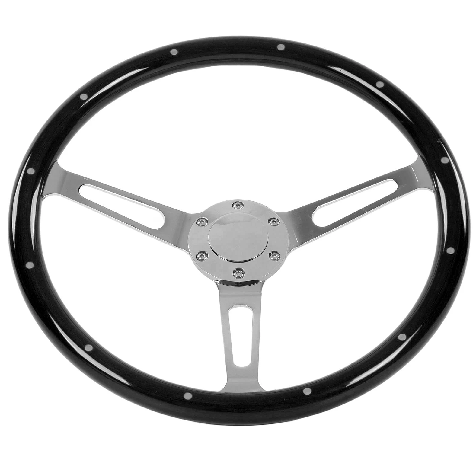 Volante Clásico, Agarre de Nogal de 15 Pulgadas, Volante de Madera de Acero Inoxidable de 3 Radios, Universal con Cubierta de Altavoz, Paquete de Tornillos y Llave para Adaptador de Cubo de