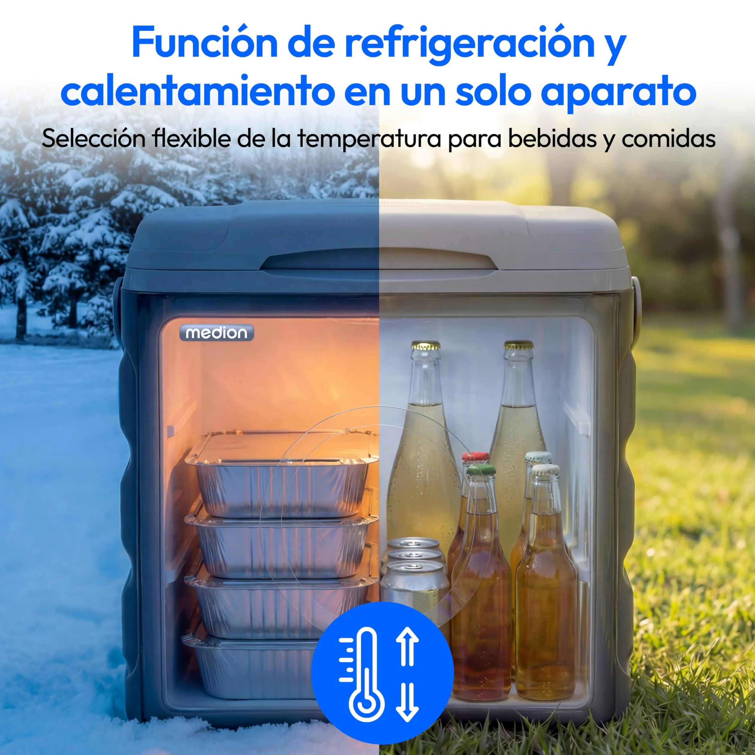 MEDION Nevera Portátil Termoeléctrica 35 L Capacidad Bruta Función Refrigeración y Calentamiento Alimentación 12V Toma de Coche 230V USB 5V para Coche Barco y Camping, MD370030 Gris Clase Energética E