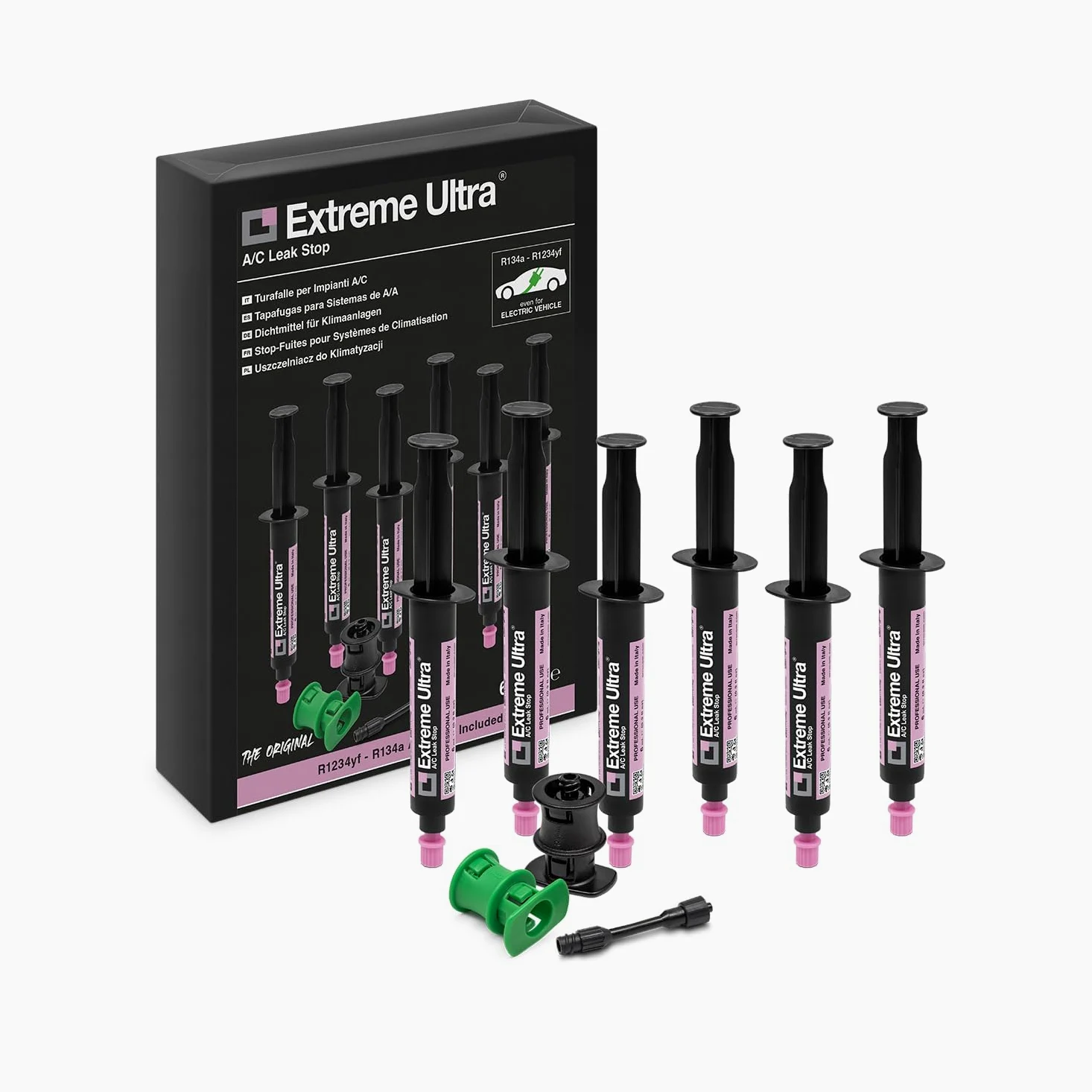 ERRECOM Extreme Ultra - 6 x 6 ml, Sellador de Fugas para Sistemas de Aire Acondicionado de Automóviles, incluye les adaptadores R134a y R1234yf